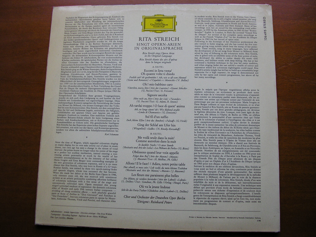 OPERA RECITAL:  DELIBES / MASSENET / BELLINI / DONIZETTI / VERDI / PUCCINI   RITA STREICH /    DEUTSCHEN OPER BERLIN / PETERS   136 495