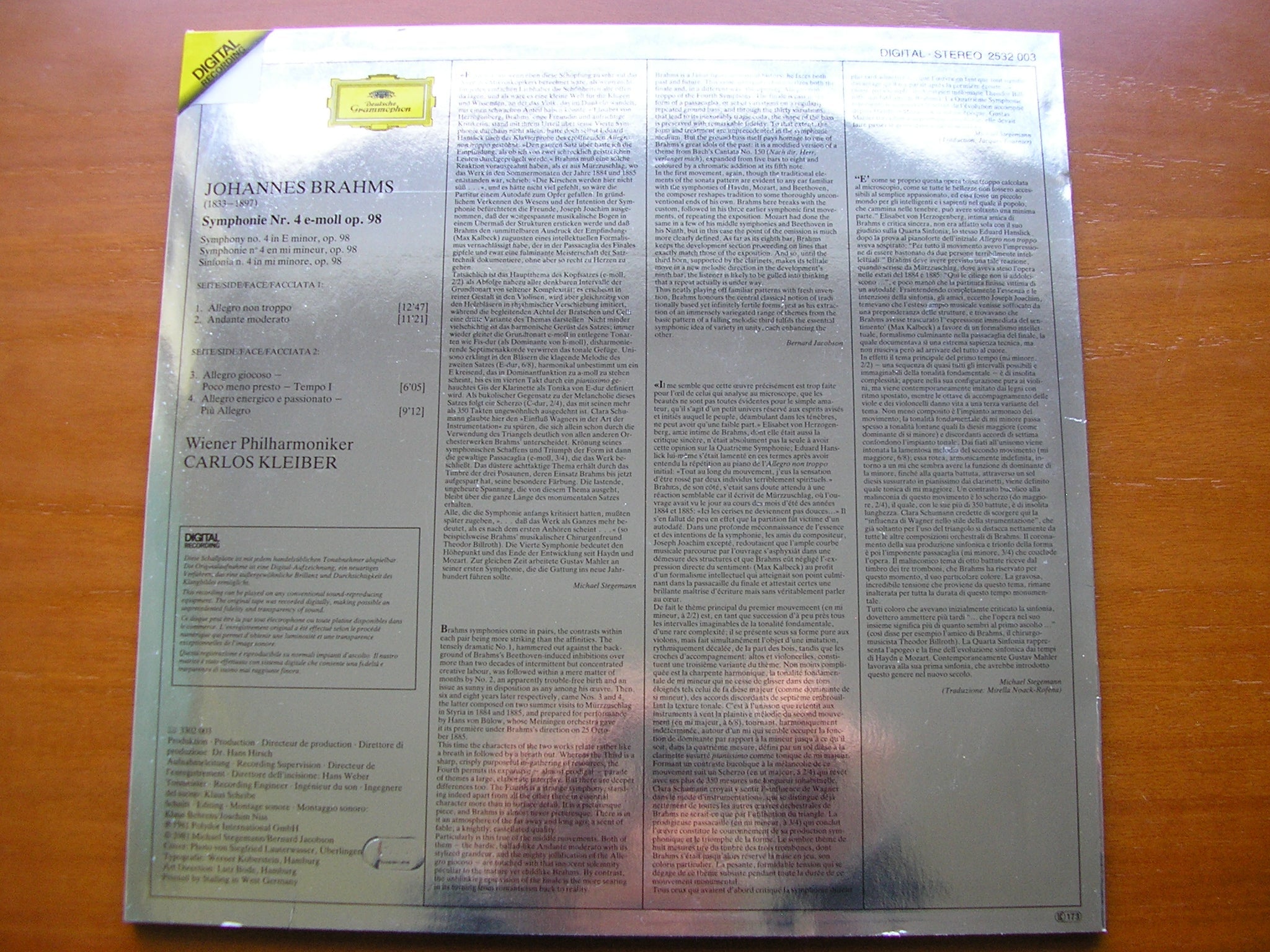 BRAHMS: SYMPHONY No. 4     KLEIBER / VIENNA PHILHARMONIC   2532 003