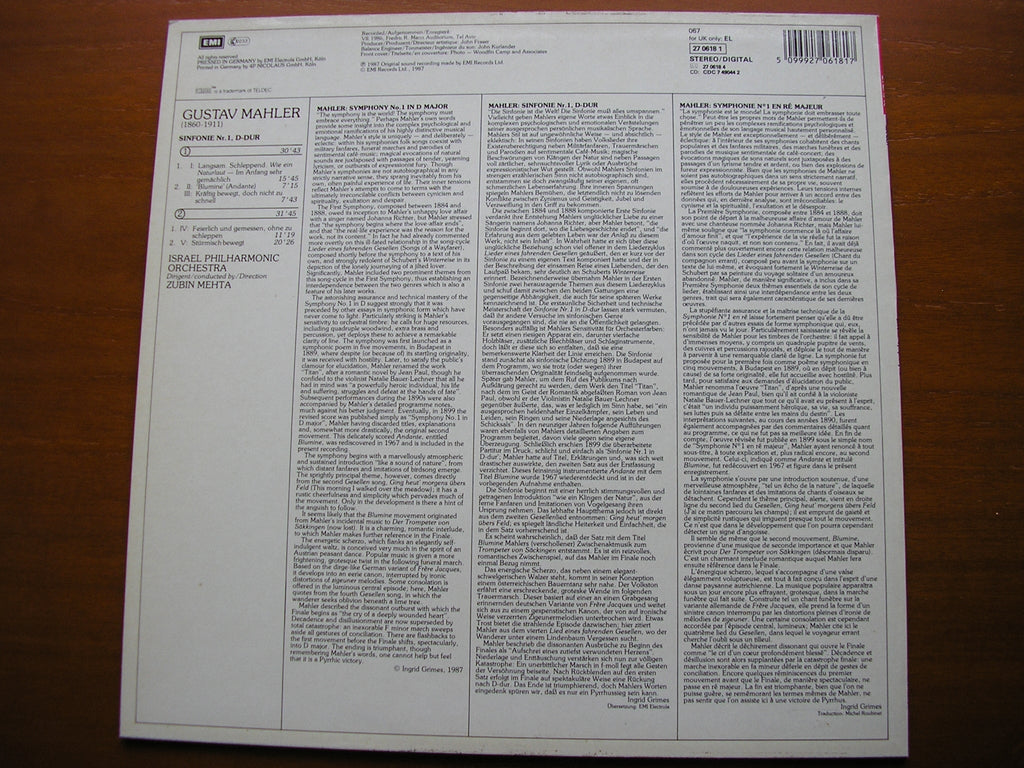 MAHLER: SYMPHONY No. 1 'Blumine'    MEHTA / ISRAEL PHILHARMONIC    27 0618