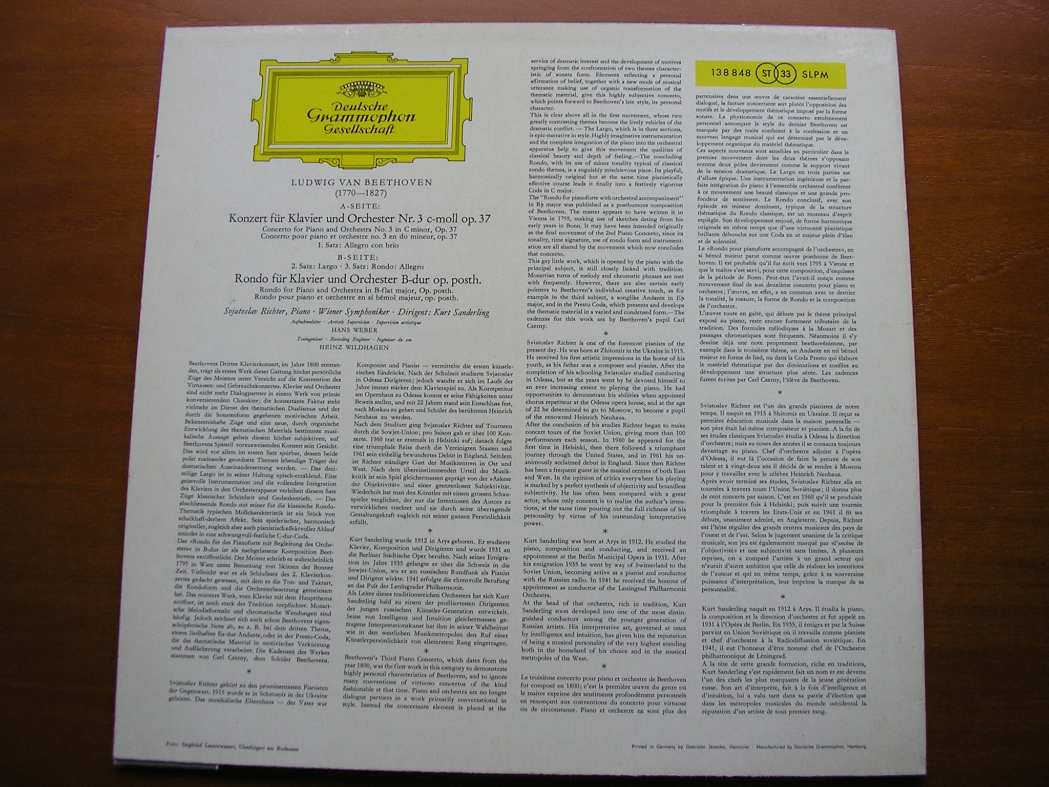 BEETHOVEN: PIANO CONCERTO No. 3 / RONDO in B     RICHTER / VIENNA SYMPHONY / SANDERLING   138 848