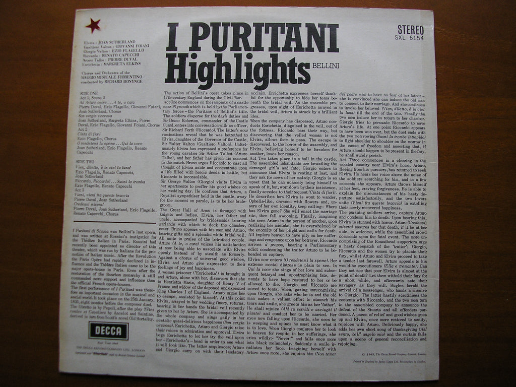 SXL 6154  BELLINI: I PURITANI    highlights    SUTHERLAND / DUVAL / CAPECCHI / MAGGIO MUSICALE / BONYNGE     ED1