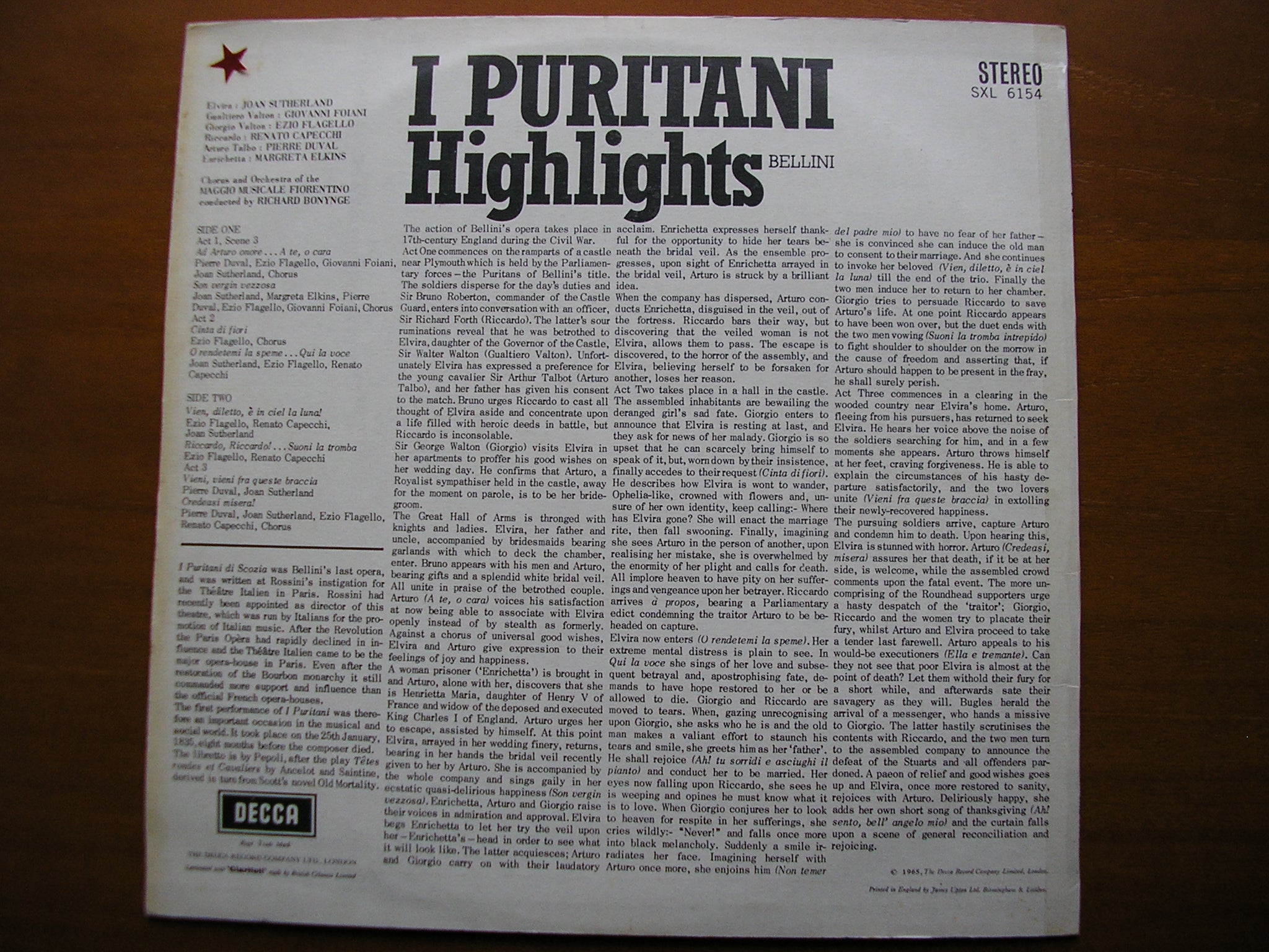SXL 6154  BELLINI: I PURITANI    highlights    SUTHERLAND / DUVAL / CAPECCHI / MAGGIO MUSICALE / BONYNGE     ED1