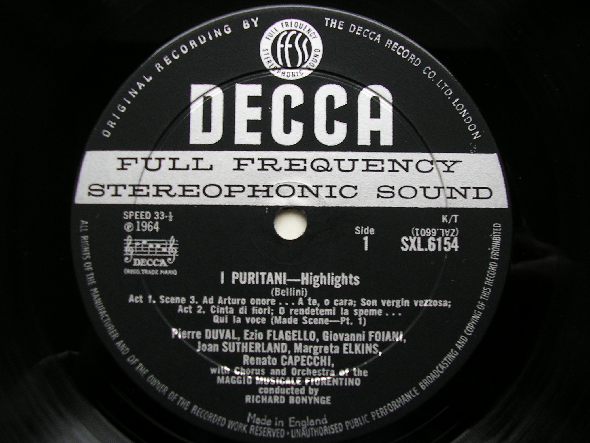 SXL 6154  BELLINI: I PURITANI    highlights    SUTHERLAND / DUVAL / CAPECCHI / MAGGIO MUSICALE / BONYNGE     ED1