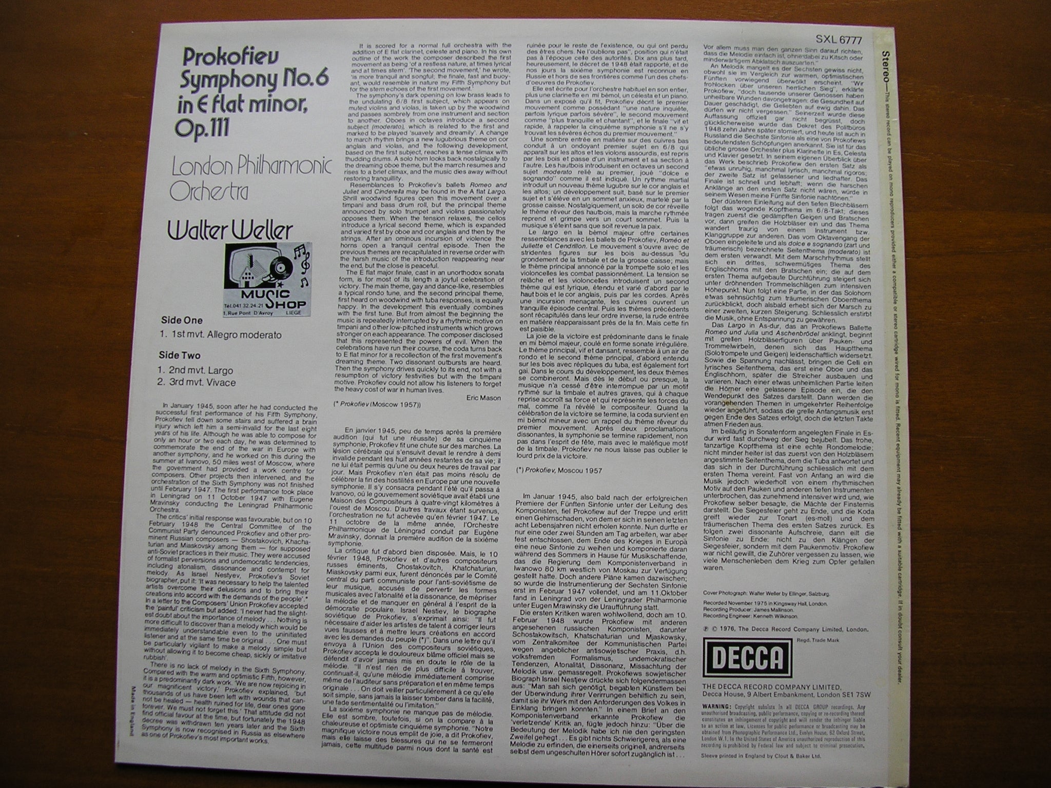 PROKOFIEV: SYMPHONY No. 6     WELLER / LONDON PHILHARMONIC    SXL 6777
