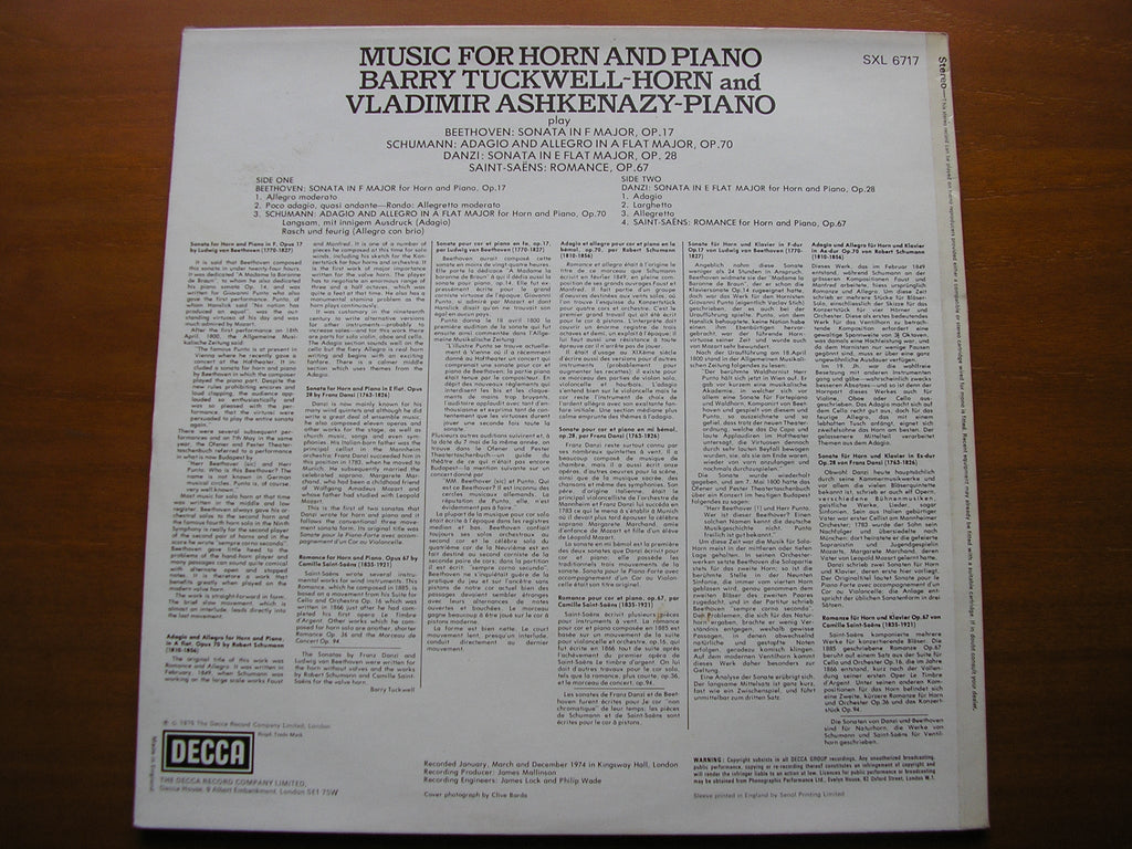 SXL 6717 MUSIC FOR HORN & PIANO VLADIMIR ASHKENAZY & BARRY TUCKWELL