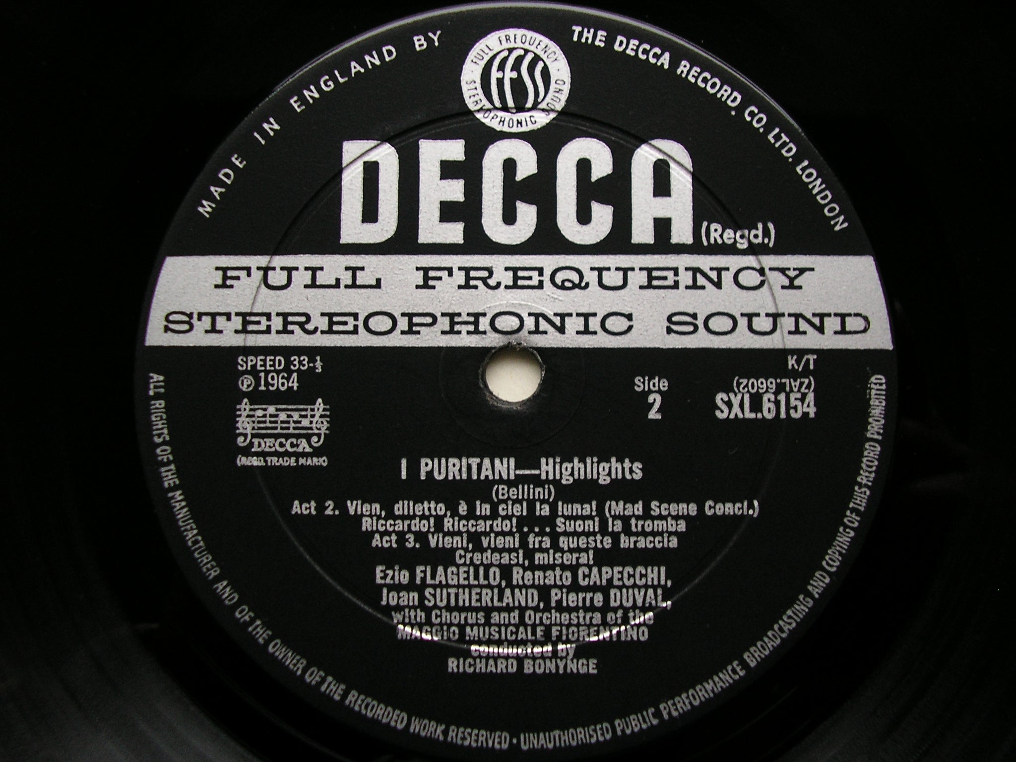SXL 6154  BELLINI: I PURITANI    highlights    SUTHERLAND / DUVAL / CAPECCHI / MAGGIO MUSICALE / BONYNGE     ED1