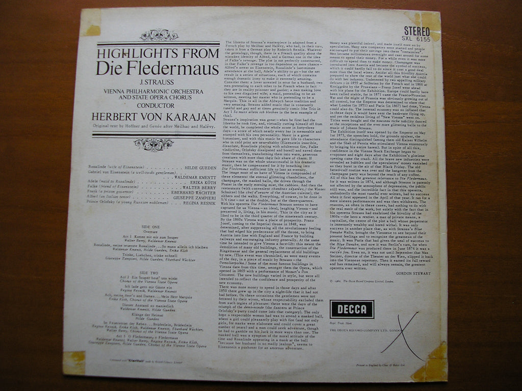 SXL 6155  STRAUSS: DIE FLEDERMAUS     excerpts      GUEDEN / WAECHTER / VIENNA PHILHARMONIC / KARAJAN      ED1