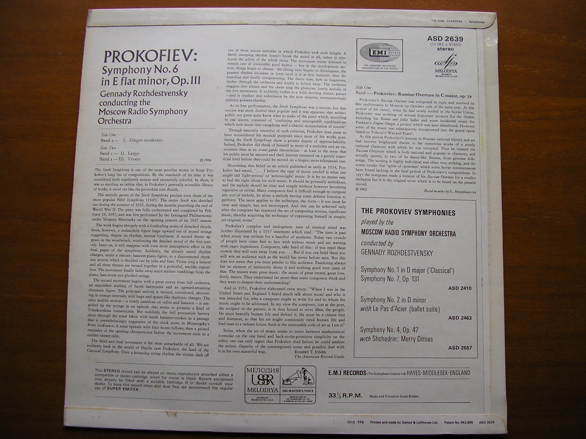 PROKOFIEV: SYMPHONY No. 6 / RUSSIAN OVERTURE      ROZHDESTVENSKY / MOSCOW RADIO SYMPHONY    ASD 2639