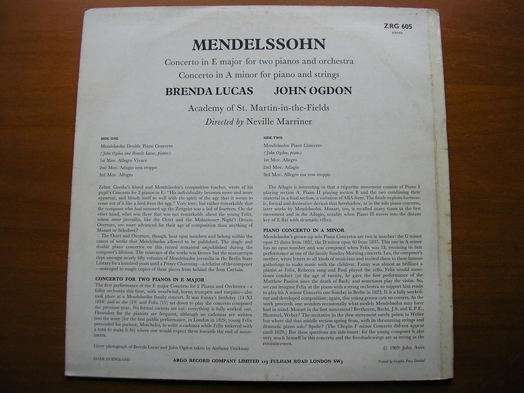 MENDELSSOHN: CONCERTO FOR TWO PIANOS / CONCERTO in A      LUCAS / OGDON / ASMIF / MARRINER      ZRG 605