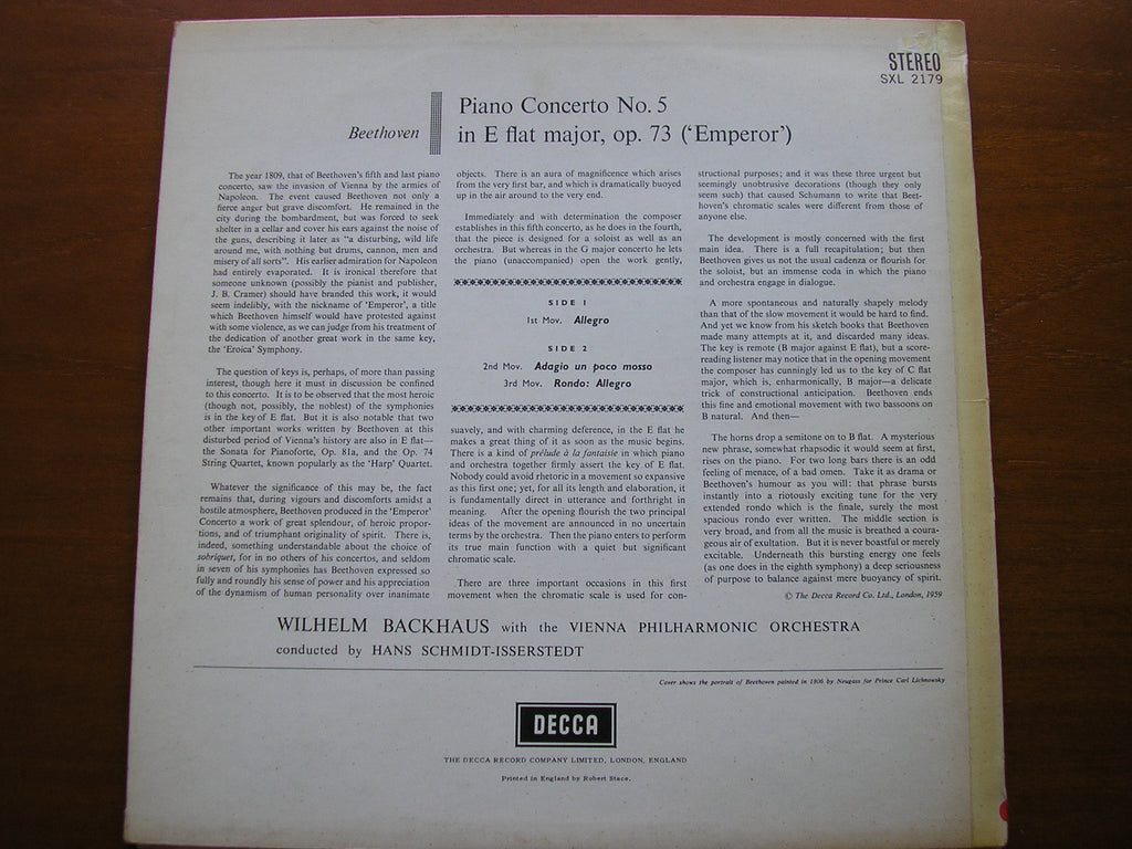 SXL 2179 BEETHOVEN: PIANO CONCERTO No. 5 'Emperor' BACKHAUS / VIENNA PHILHARMONIC / SCHMIDT-ISSERSTEDT