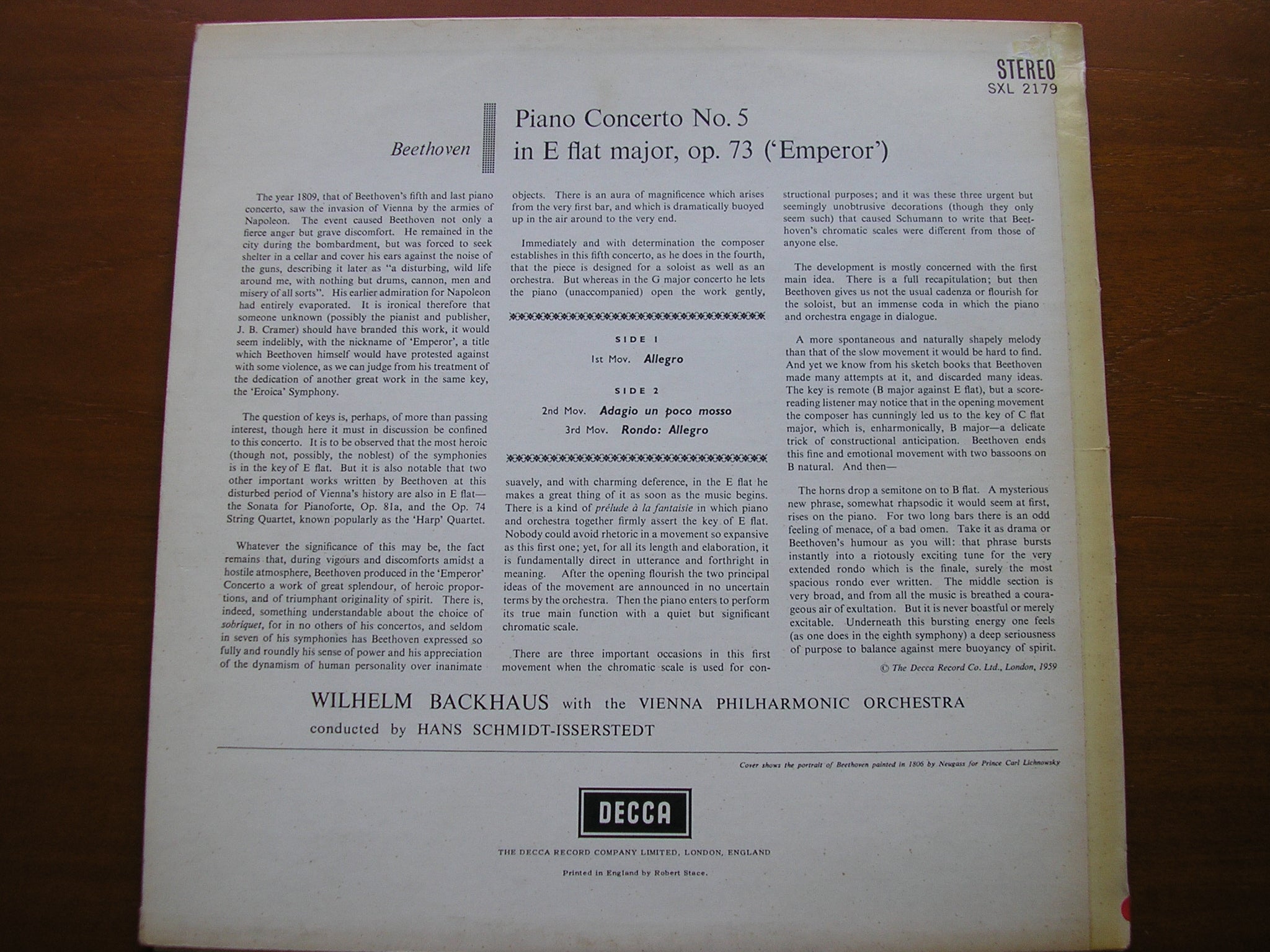 SXL 2179 BEETHOVEN: PIANO CONCERTO No. 5 'Emperor' BACKHAUS / VIENNA PHILHARMONIC / SCHMIDT-ISSERSTEDT
