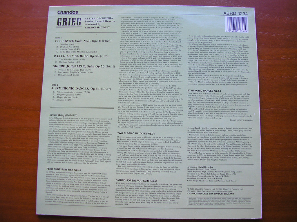 GRIEG: PEER GYNT Suite No. 1 / SYMPHONIC DANCES / TWO ELEGIAC MELODIES / SIGURD JORSALFAR      ULSTER ORCHESTRA / HANDLEY     ABRD 1234