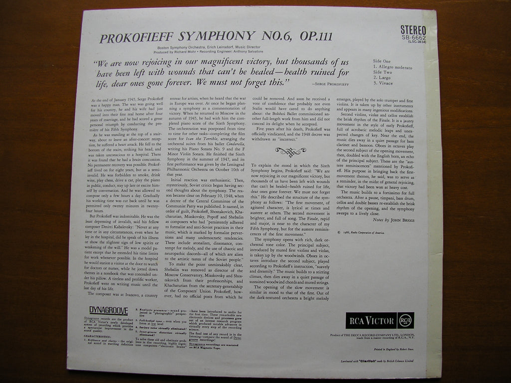 PROKOFIEV: SYMPHONY No. 6     LEINSDORF / BOSTON SYMPHONY    SB 6662