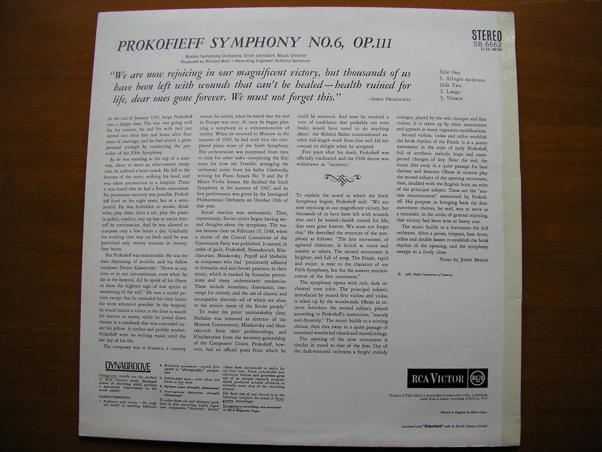 PROKOFIEV: SYMPHONY No. 6     LEINSDORF / BOSTON SYMPHONY    SB 6662