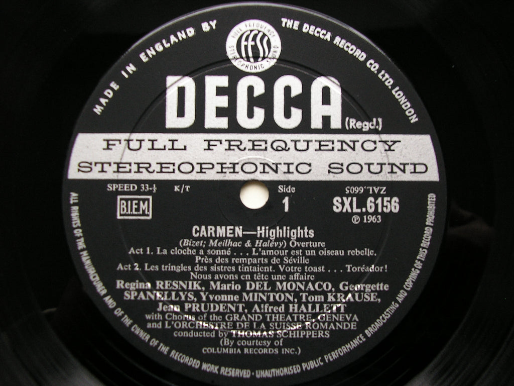 SXL 6156  BIZET: CARMEN    highlights    RESNIK / DEL MONACO / KRAUSE / SUISSE ROMANDE / SCHIPPERS     ED2