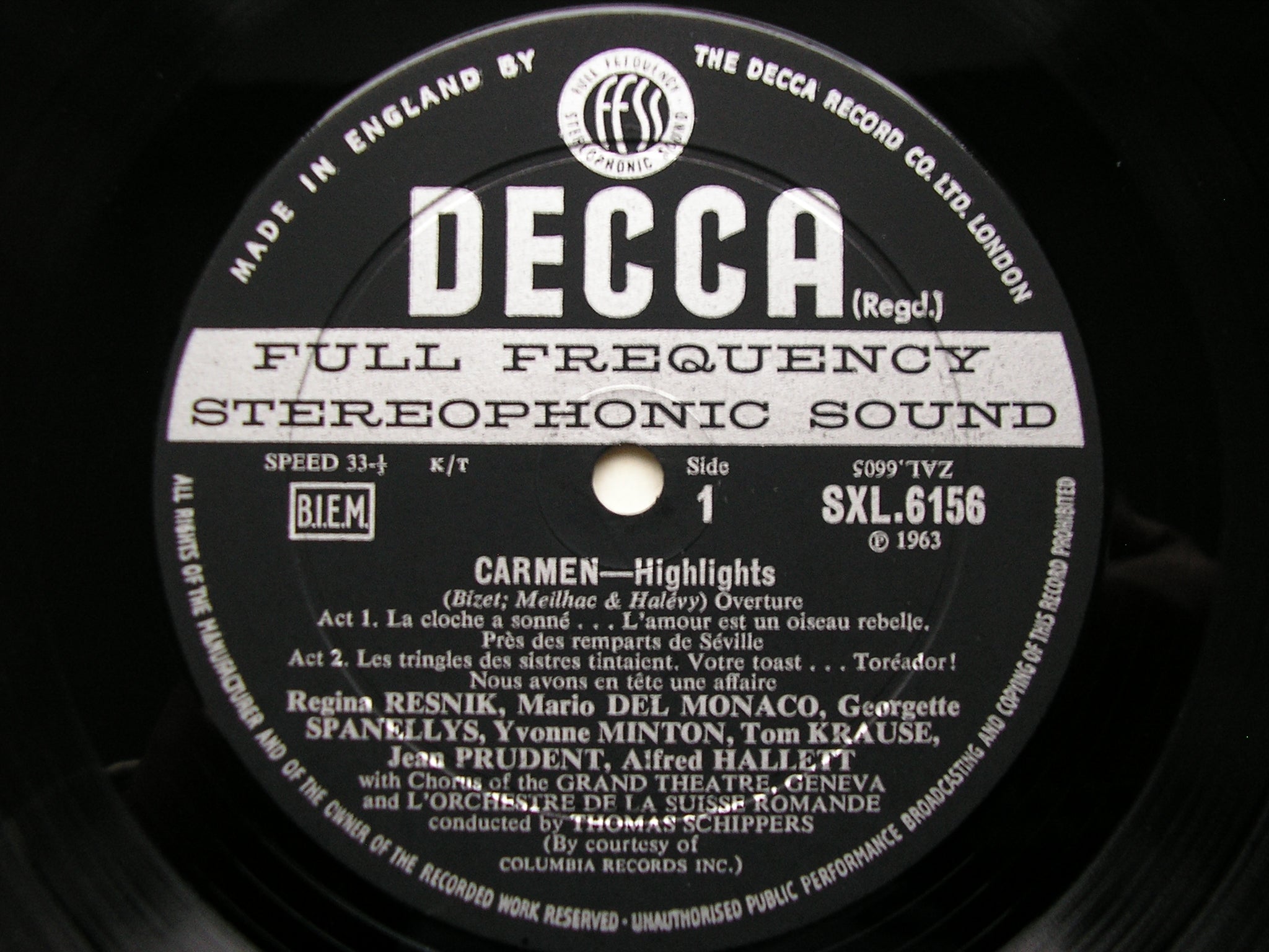 SXL 6156  BIZET: CARMEN    highlights    RESNIK / DEL MONACO / KRAUSE / SUISSE ROMANDE / SCHIPPERS     ED2