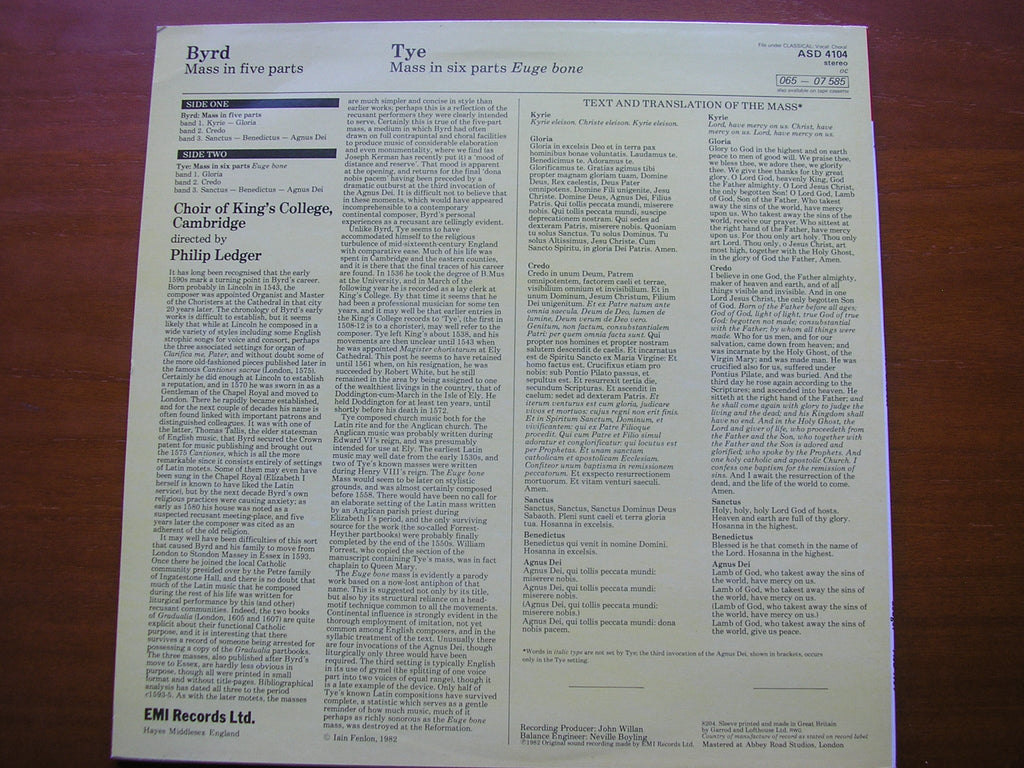 BYRD: MASS in FIVE PARTS / TYE: MASS in SIX PARTS  'Euge Bone'      KING'S COLLEGE CAMBRIDGE / LEDGER   ASD 4104