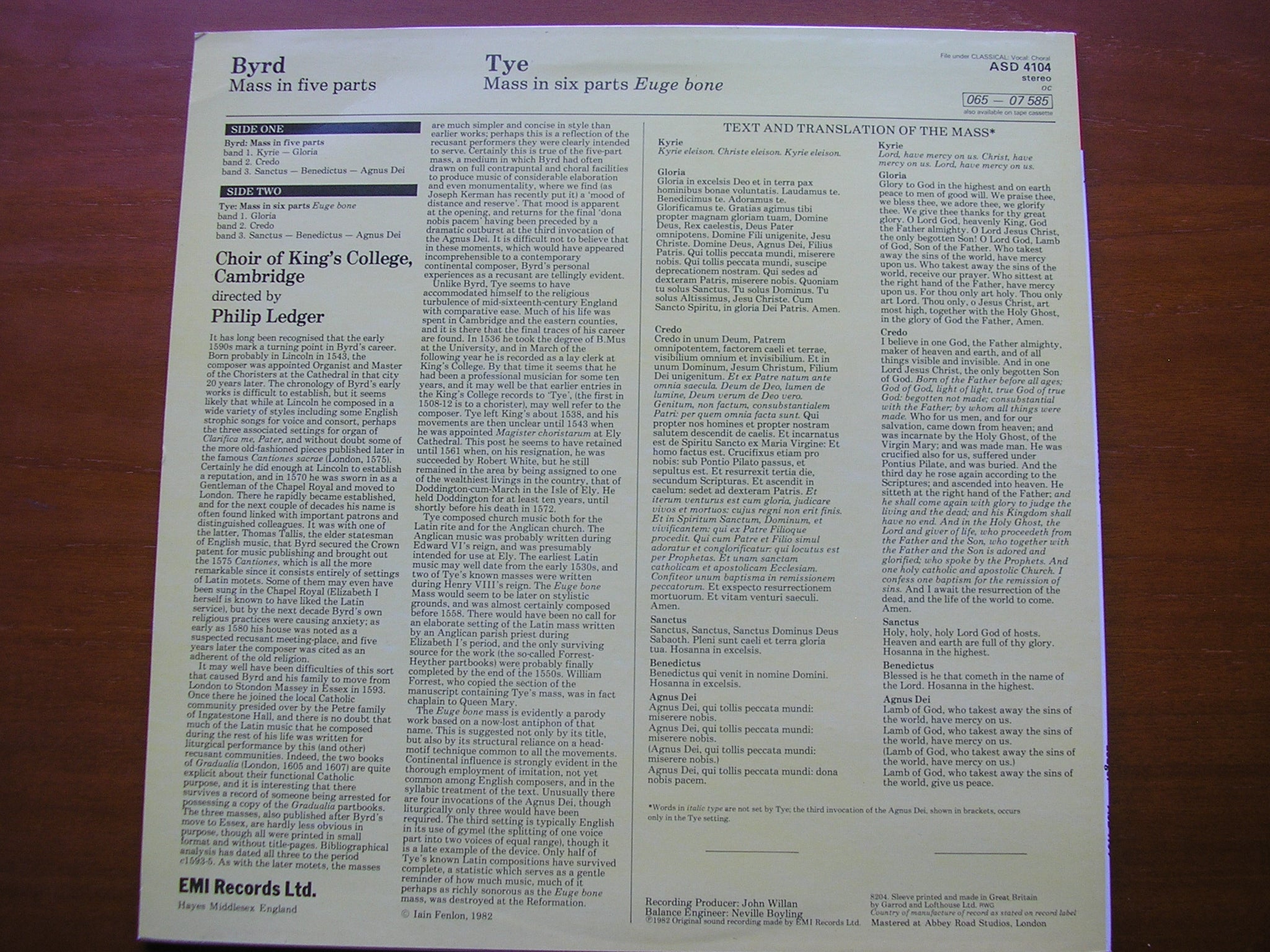 BYRD: MASS in FIVE PARTS / TYE: MASS in SIX PARTS  'Euge Bone'      KING'S COLLEGE CAMBRIDGE / LEDGER   ASD 4104