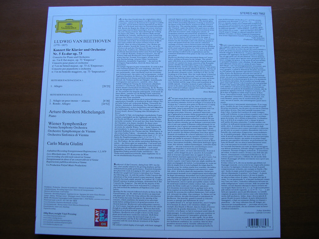 BEETHOEN: PIANO CONCERTO No. 5 'Emperor'      MICHELANGELI / VIENNA SYMPHONY / GIULINI      483 7862