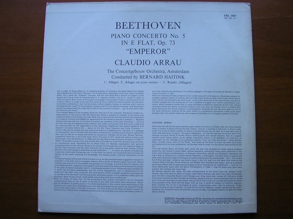 BEETHOVEN: PIANO CONCERTO No. 5  'Emperor'     ARRAU / CONCERTGEBOUW ORCHESTRA / HAITINK      SAL 3567