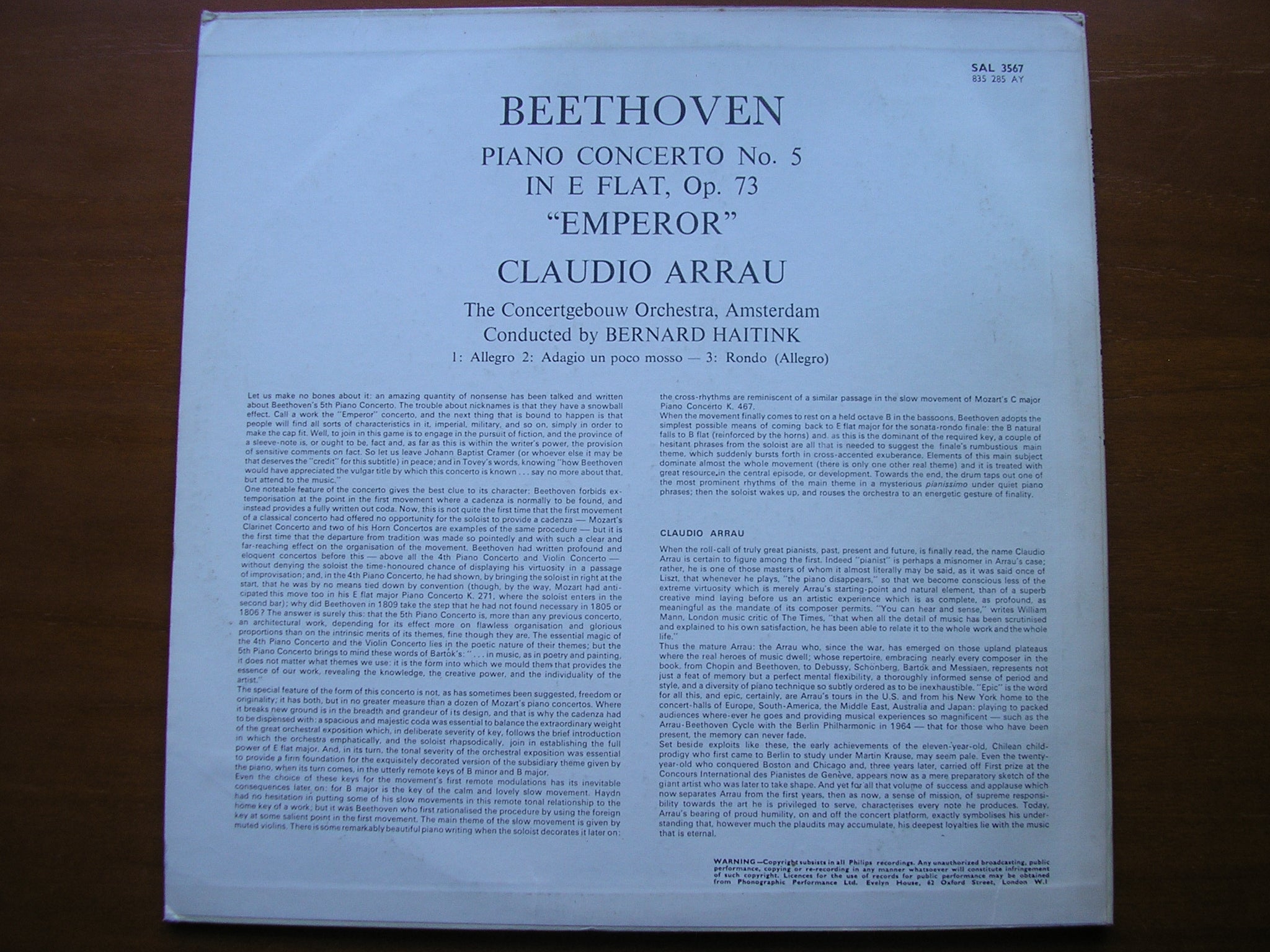 BEETHOVEN: PIANO CONCERTO No. 5  'Emperor'     ARRAU / CONCERTGEBOUW ORCHESTRA / HAITINK      SAL 3567