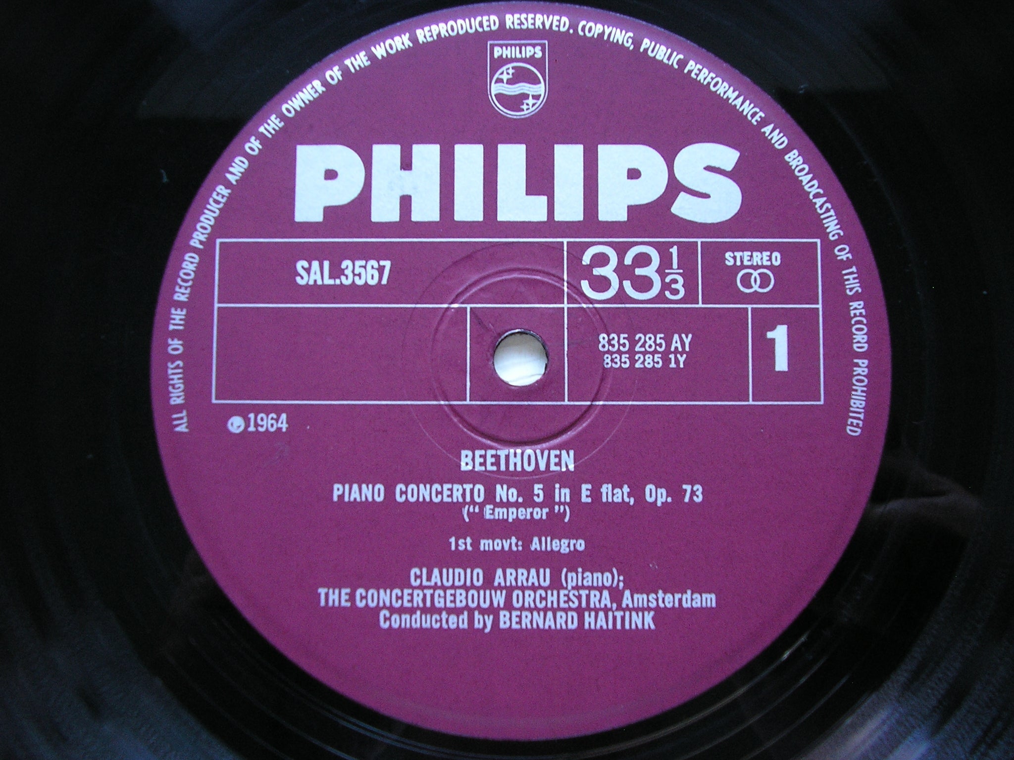 BEETHOVEN: PIANO CONCERTO No. 5 'Emperor'       ARRAU / CONCERTGEBOUW ORCHESTRA / HAITINK      SAL 3567