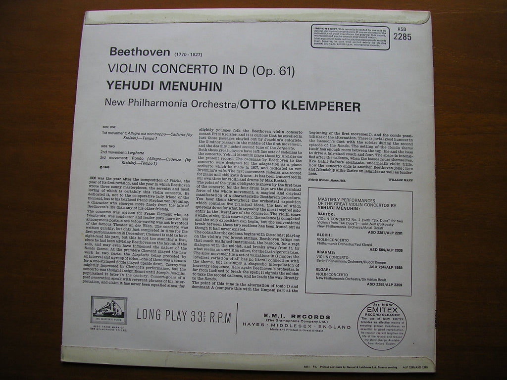 BEETHOVEN: VIOLIN CONCERTO     MENUHIN / NEW PHILHARMONIA / KLEMPERER     ASD 2285