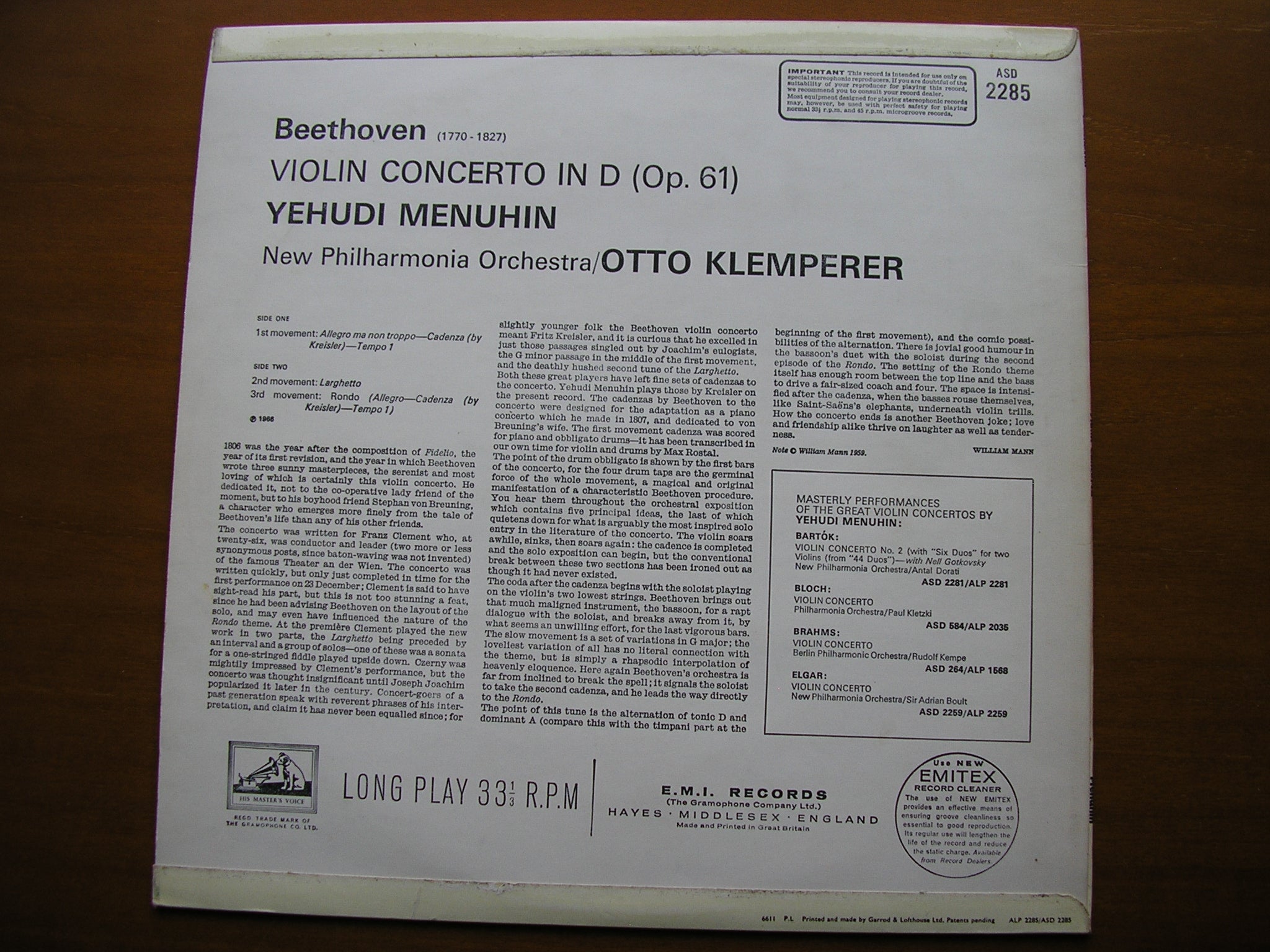 BEETHOVEN: VIOLIN CONCERTO     MENUHIN / NEW PHILHARMONIA / KLEMPERER     ASD 2285