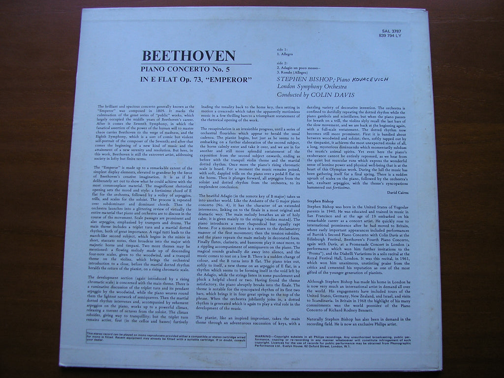 BEETHOVEN: PIANO CONCERTO No. 5 'Emperor'      BISHOP / LONDON SYMPHONY / DAVIS      SAL 3787