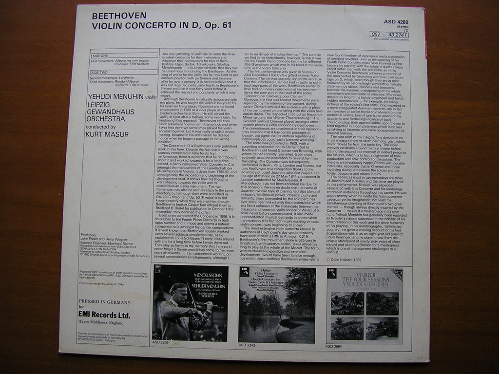 BEETHOVEN: VIOLIN CONCERTO     MENUHIN / LEIPZIG GEWANDHAUS / MASUR     ASD 4280