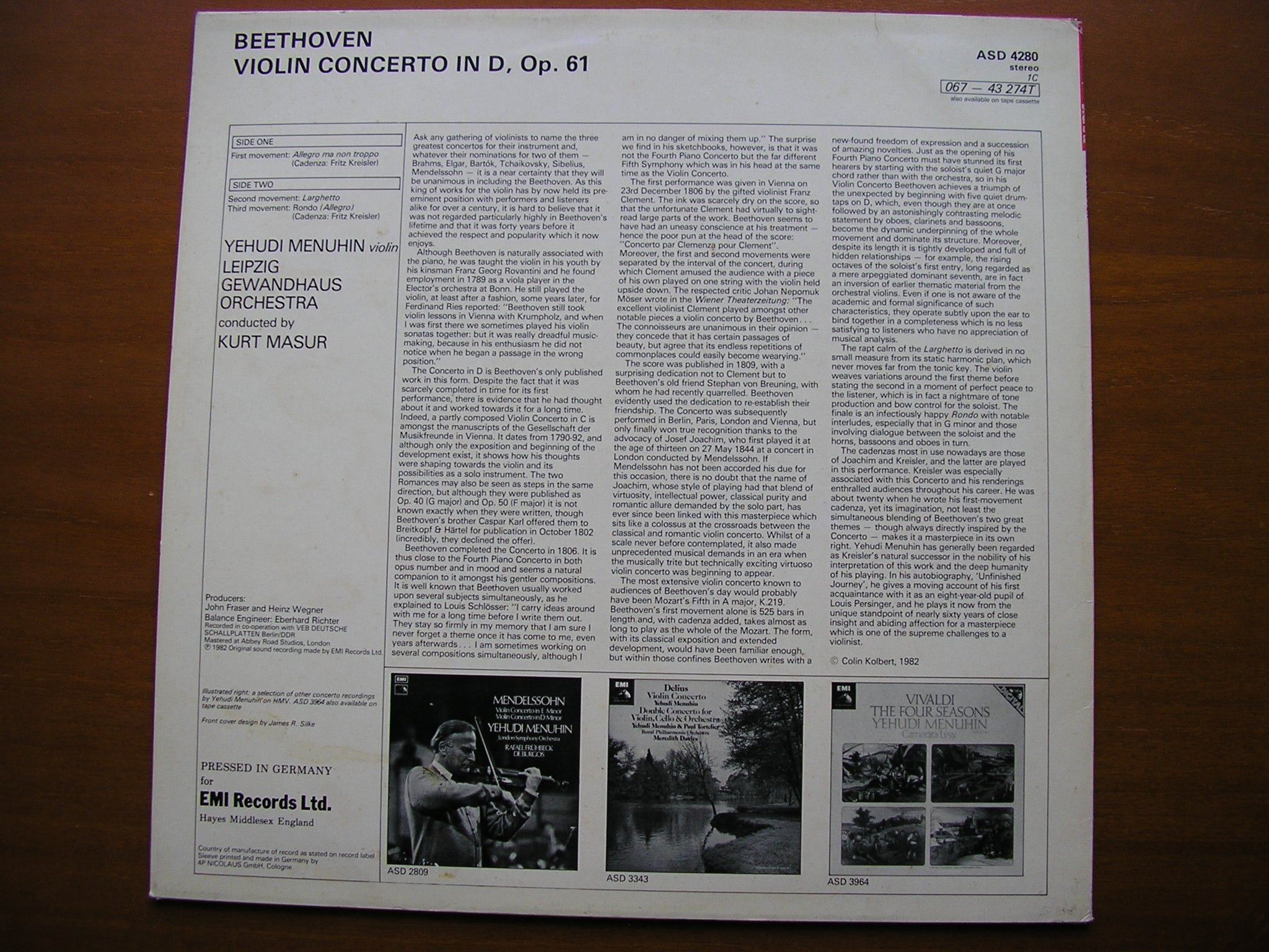BEETHOVEN: VIOLIN CONCERTO     MENUHIN / LEIPZIG GEWANDHAUS / MASUR     ASD 4280