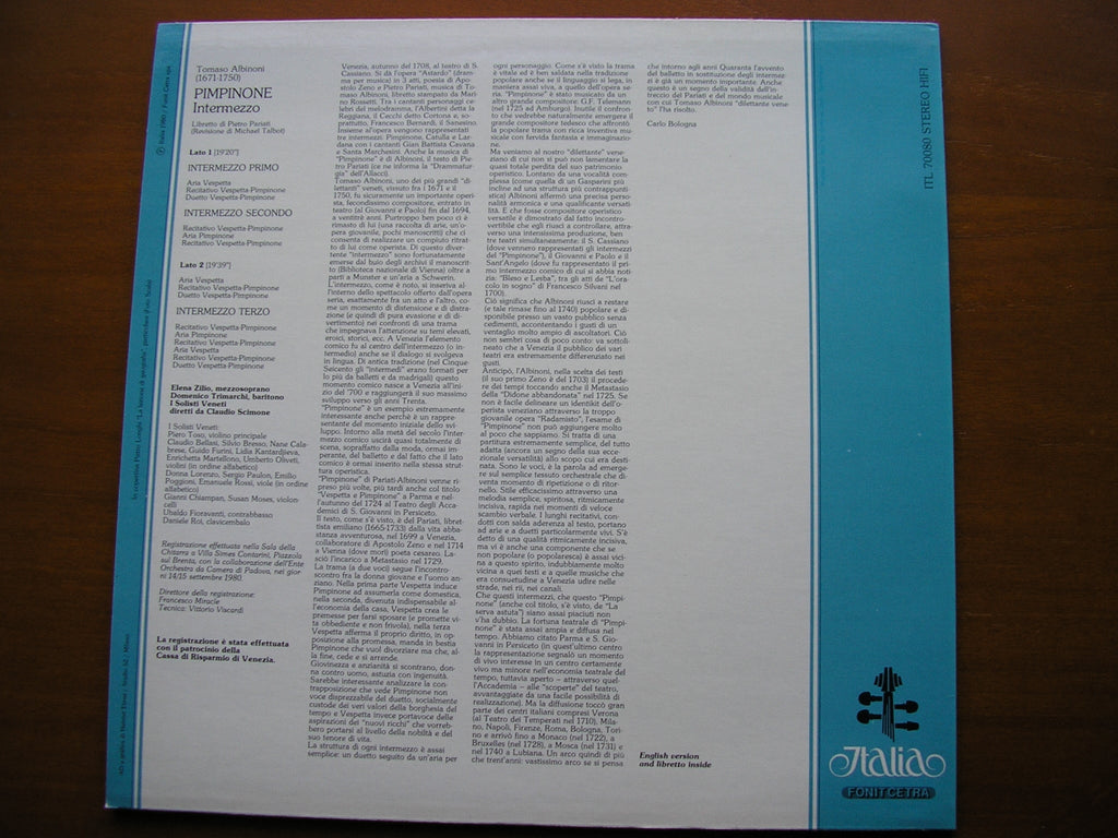 ALBINONI: PIMPINONE  (1708)       ZILIO / TRIMARCHI / I SOLOISTI VENETI / SCIMONE      ITL 70080
