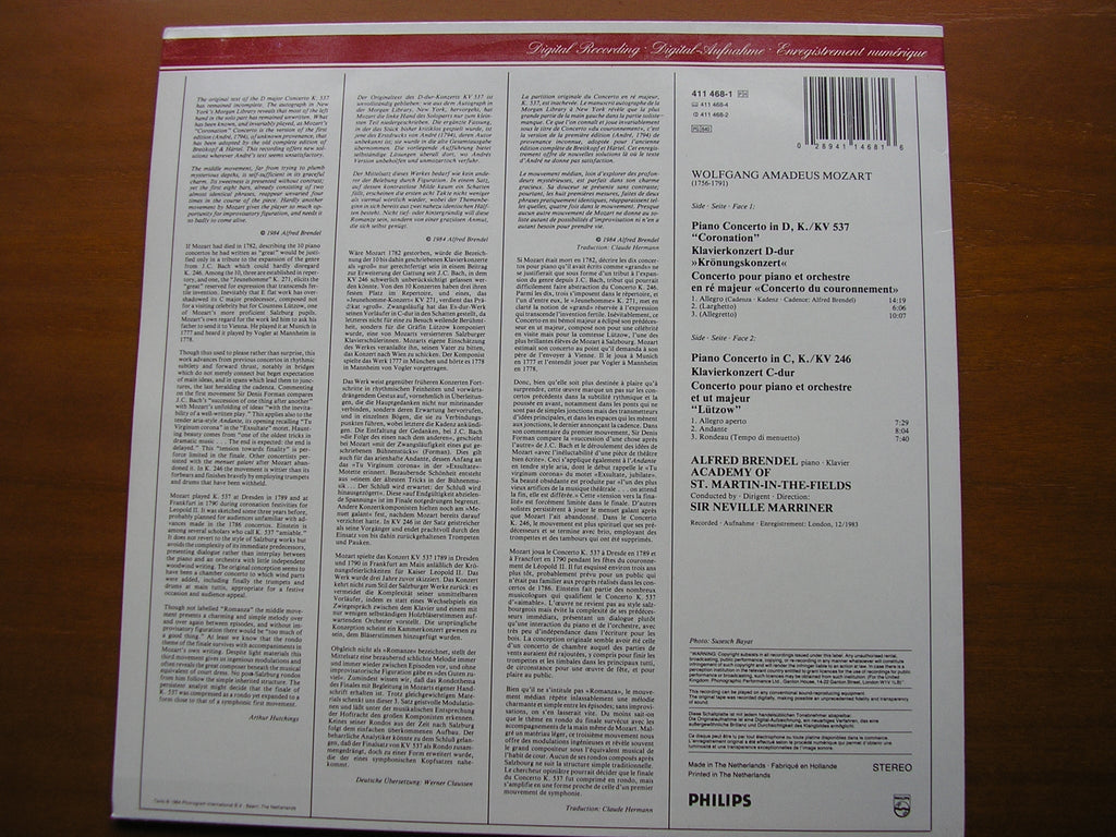 MOZART: PIANO CONCERTOS Nos. 8 & 26       BRENDEL / ASMIF / MARRINER      411 468