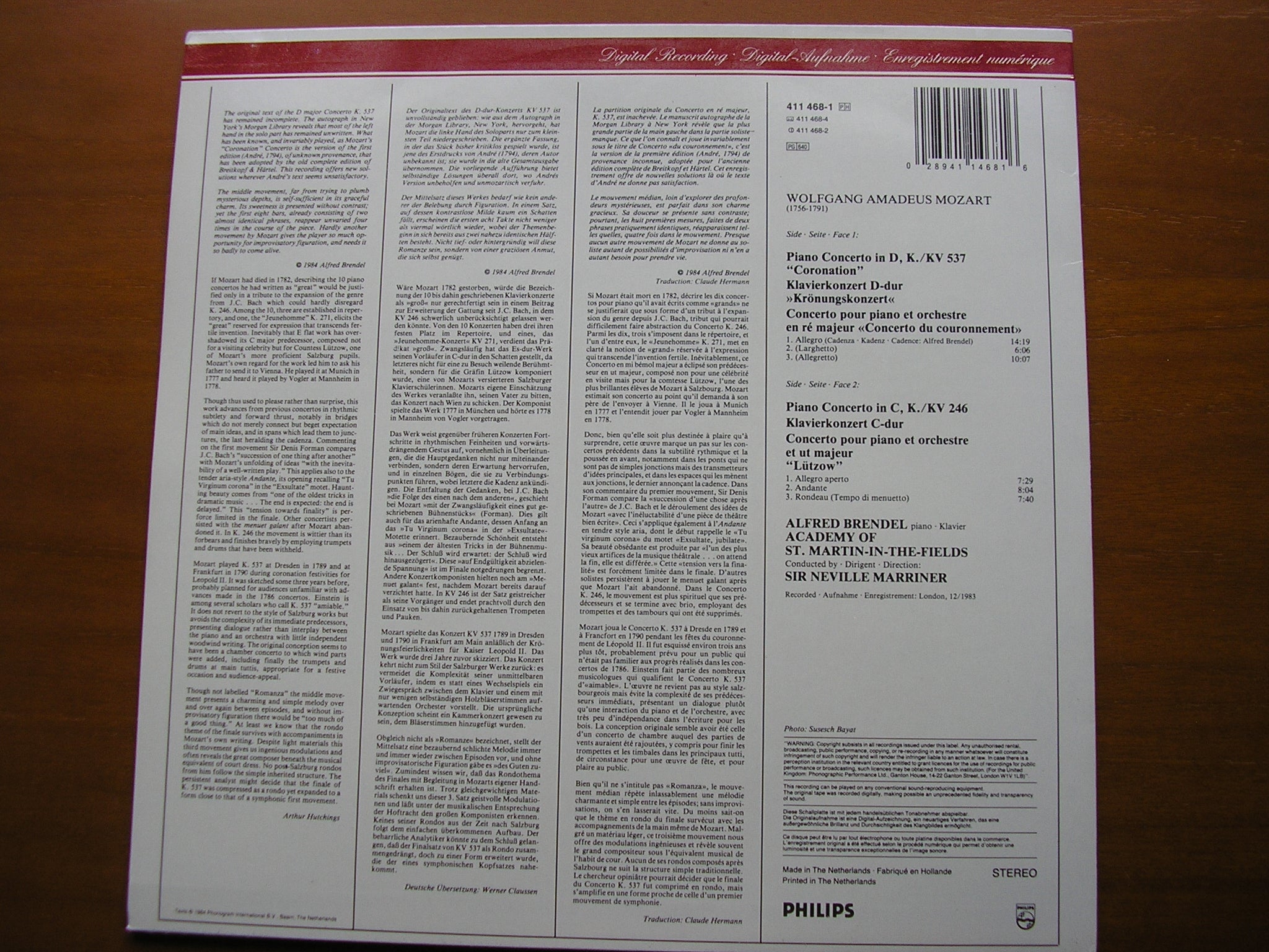 MOZART: PIANO CONCERTOS Nos. 8 & 26       BRENDEL / ASMIF / MARRINER      411 468