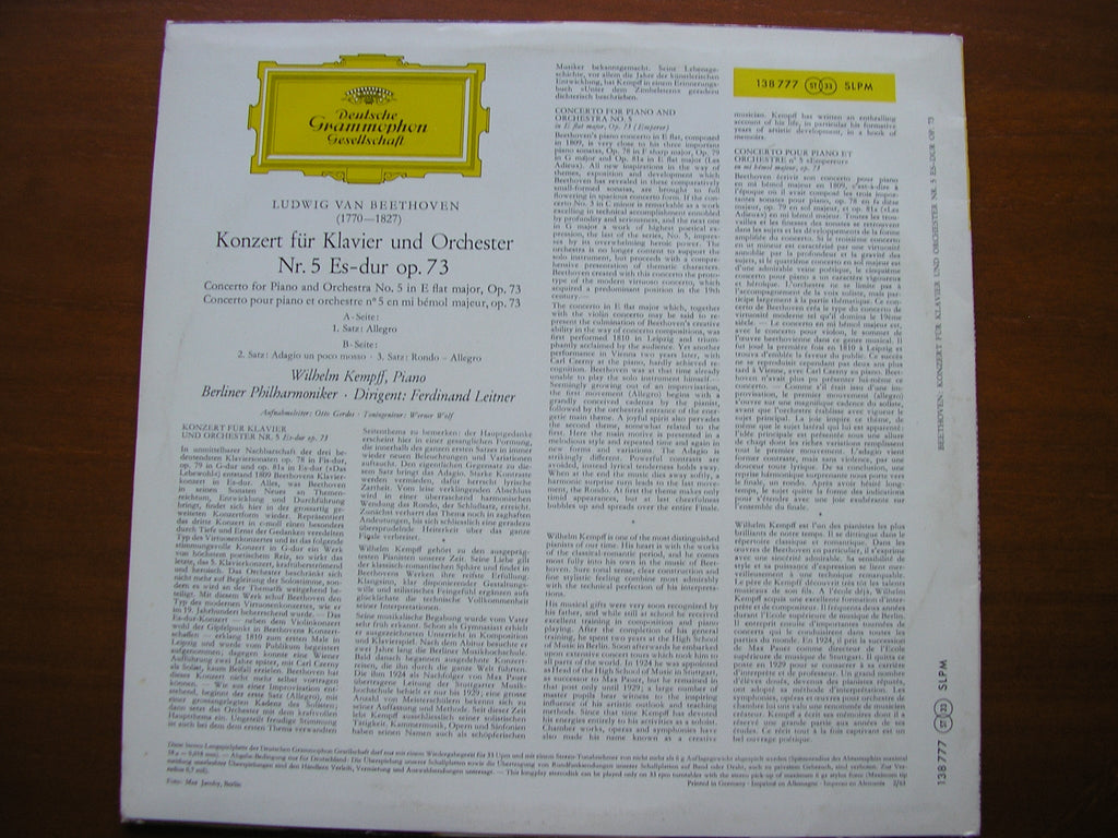 BEETHOVEN: PIANO CONCERTO No. 5   'Emperor'     KEMPFF / BERLIN PHLHARMONIC / LEITNER    138 777