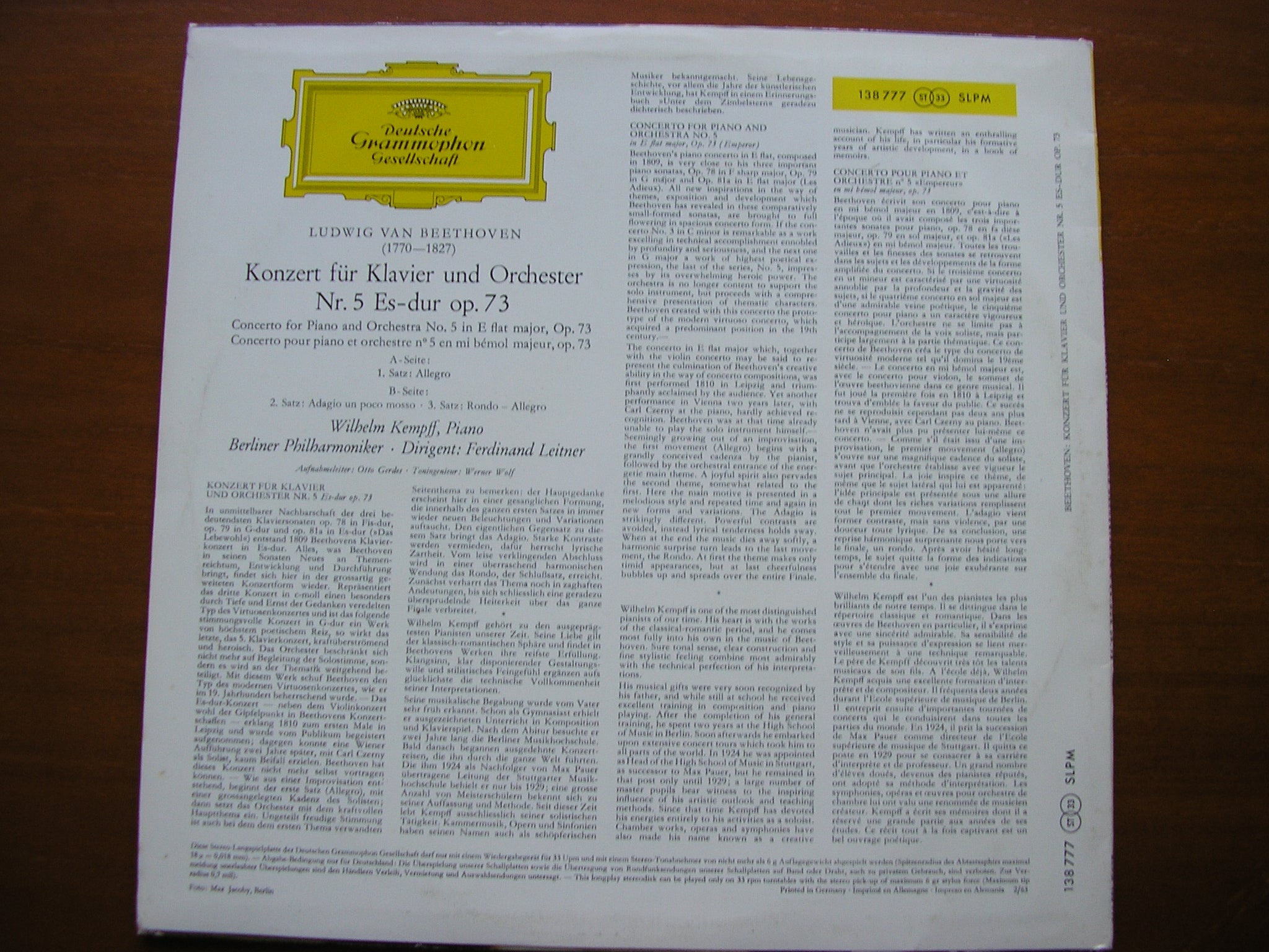 BEETHOVEN: PIANO CONCERTO No. 5   'Emperor'     KEMPFF / BERLIN PHLHARMONIC / LEITNER    138 777