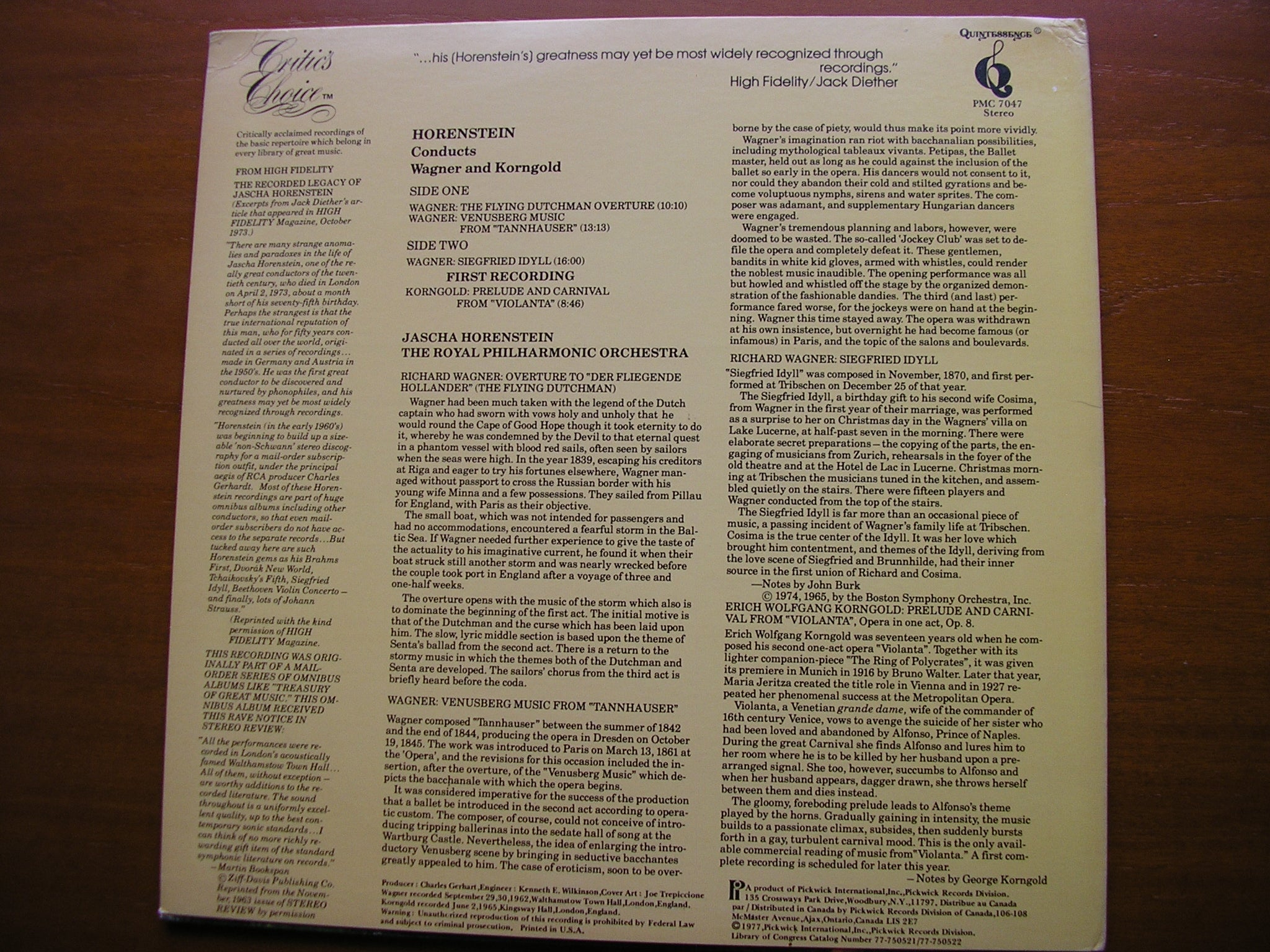 WAGNER: Tannhauser / The Flying Dutchman / Siegfried Idyll / KORNGOLD: Violanta     HORENSTEIN / ROYAL PHILHARMONIC   PMC 7047