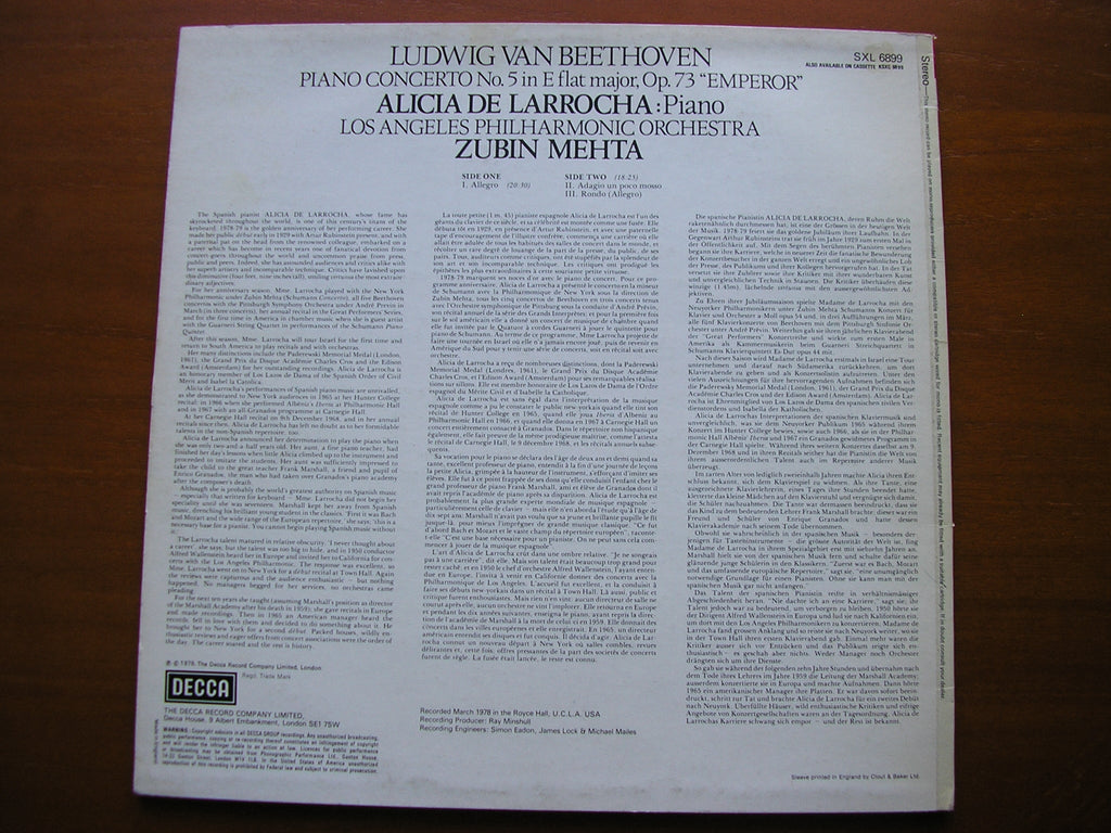 SXL 6899 BEETHOVEN: PIANO CONCERTO No. 5 'Emperor' DE LARROCHA / LAPO / MEHTA
