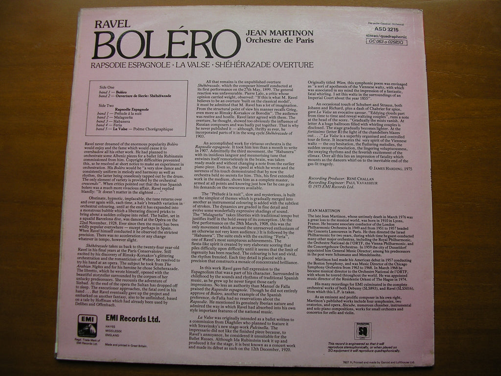 RAVEL: BOLERO / LA VALSE / RAPSODIE ESPAGNOLE      MARTINON / ORCHESTRE DE PARIS     ASD 3215