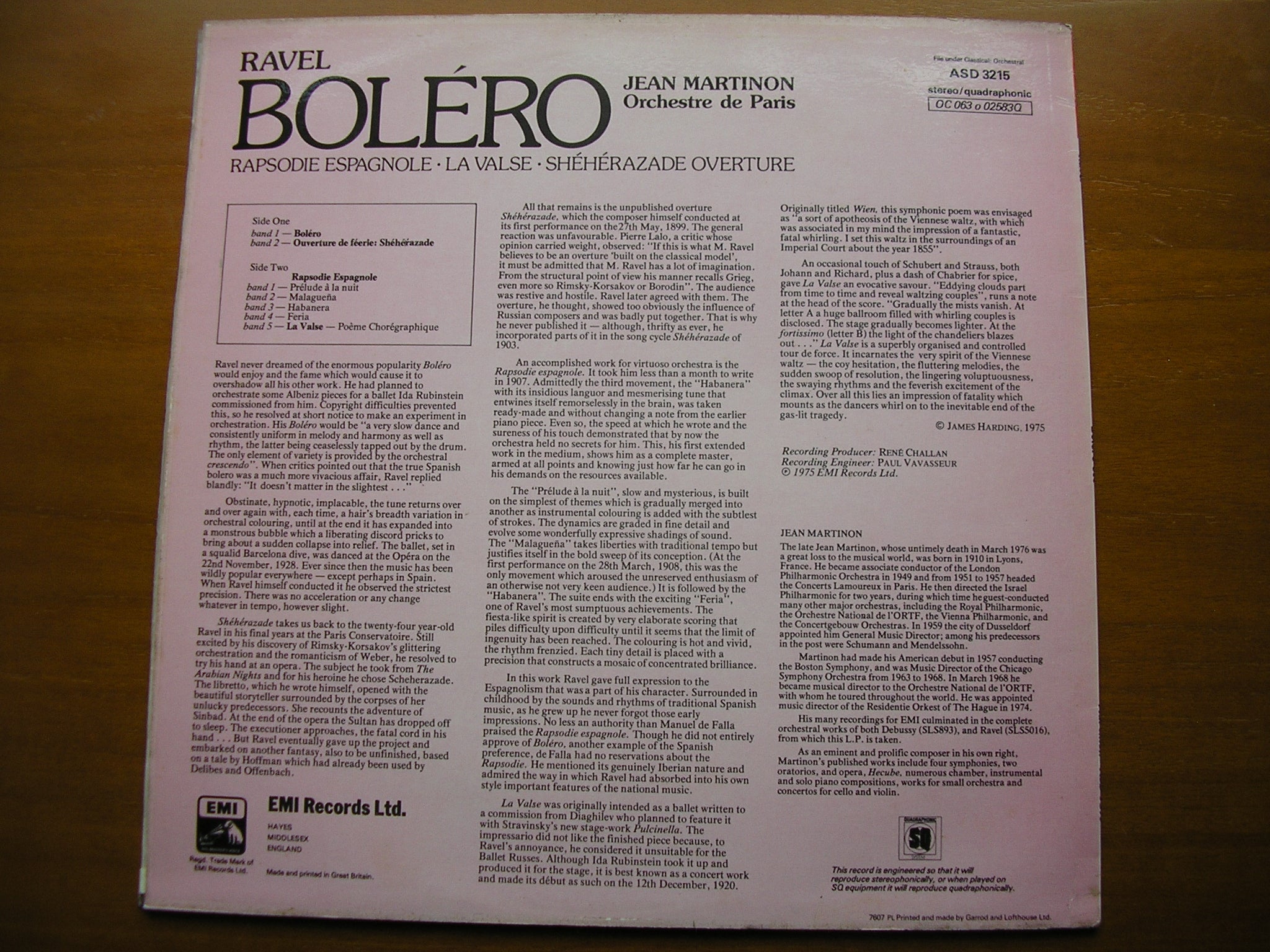 RAVEL: BOLERO / LA VALSE / RAPSODIE ESPAGNOLE      MARTINON / ORCHESTRE DE PARIS     ASD 3215