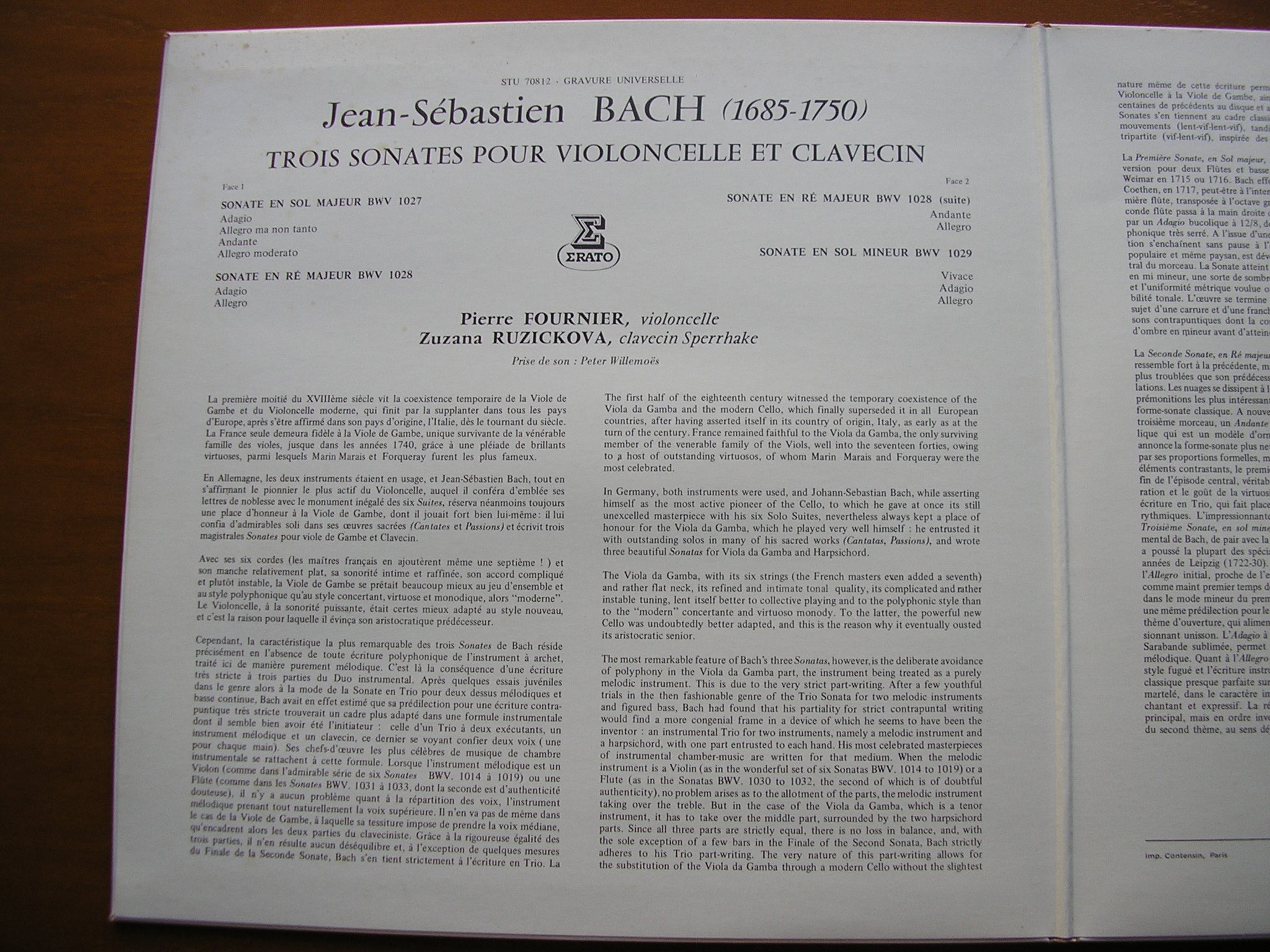 BACH: THREE SONATAS FOR CELLO & HARPSICHORD     FOURNIER / RUZICKOVA     STU 70812