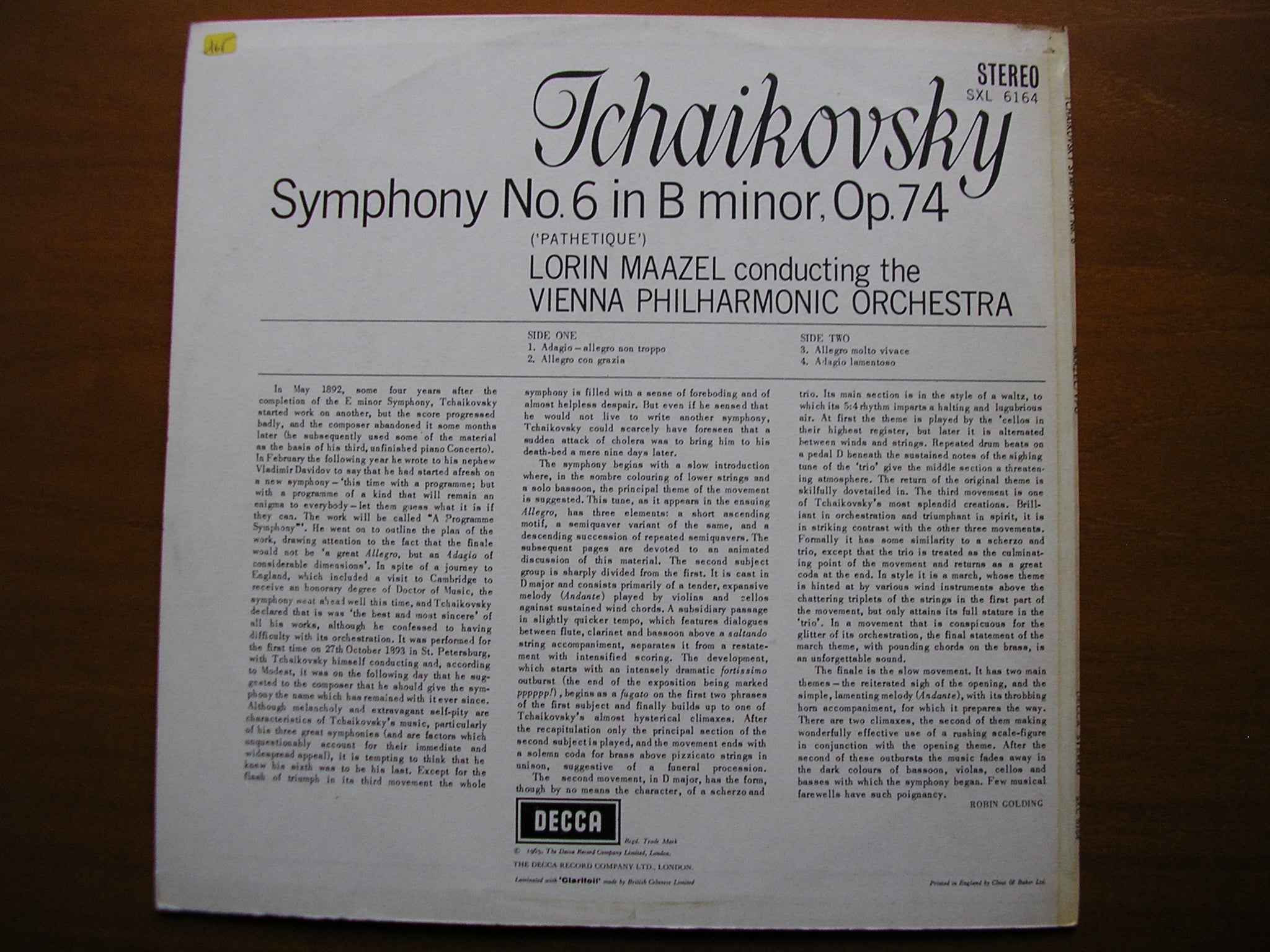 SXL 6164  TCHAIKOVSKY: SYMPHONY No. 6  'Pathetique'      MAAZEL / VIENNA PHILHARMONIC     ED2
