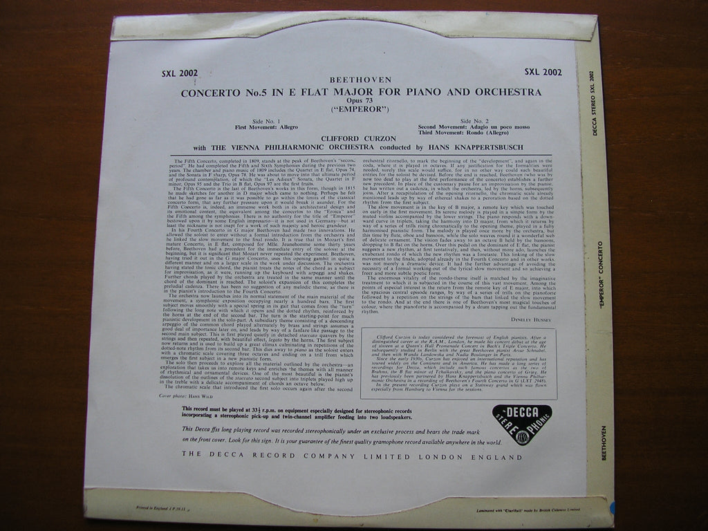SXL 2002  BEETHOVEN: PIANO CONCERTO No. 5  'Emperor'    CURZON / VIENNA PHILHARMONIC / KNAPPERTSBUSCH      ED 1