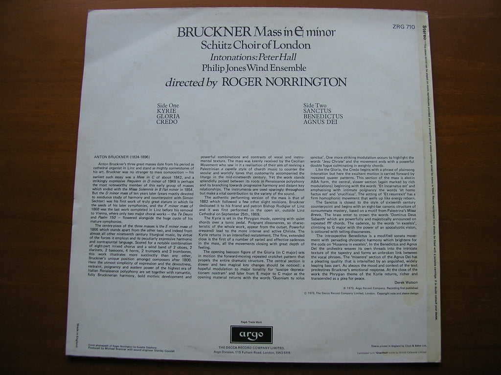 BRUCKNER: MASS No. 2 in E minor       SCHUTZ CHOIR OF LONDON / PHILIP JONES BRASS ENSEMBLE / NORRINGTON     ZRG 710