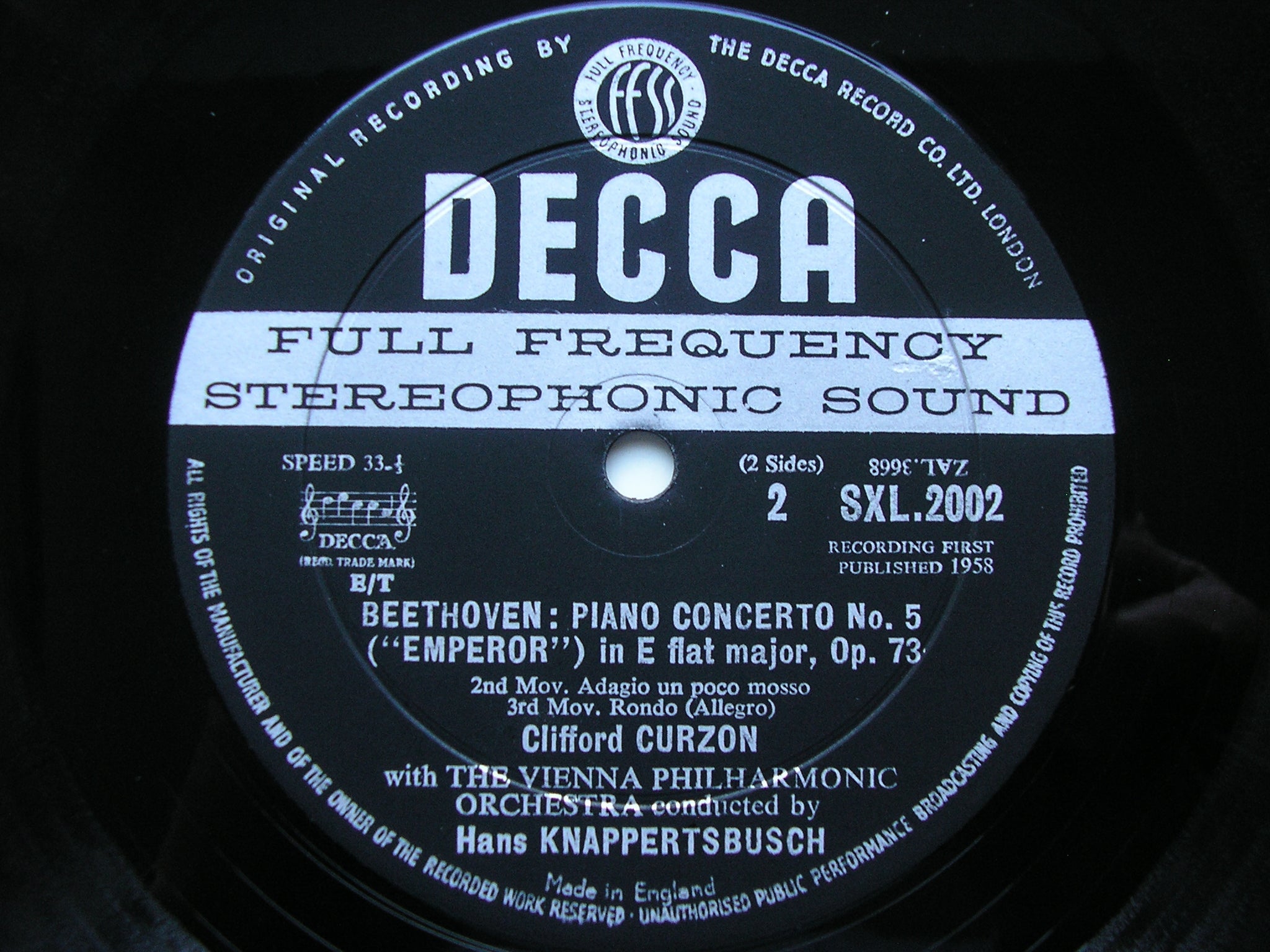 SXL 2002  BEETHOVEN: PIANO CONCERTO No. 5  'Emperor'    CURZON / VIENNA PHILHARMONIC / KNAPPERTSBUSCH      ED 1