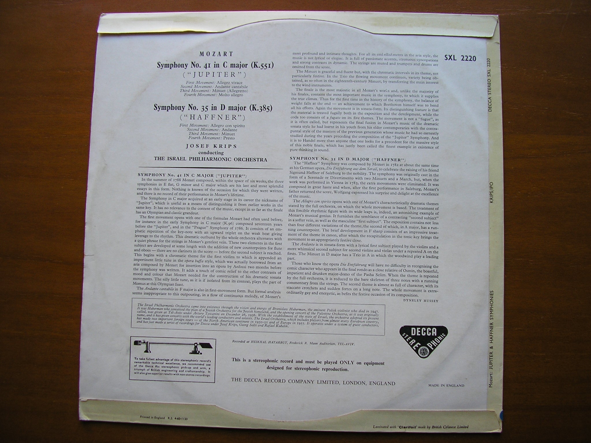 MOZART: SYMPHONIES Nos.  35 'Haffner'  &  41  'Jupiter'       KRIPS / ISRAEL PHILHARMONIC      SXL 2220