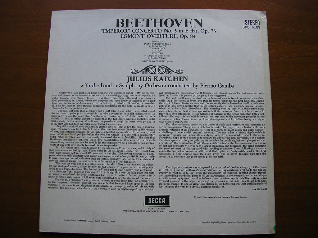 SXL 6109 BEETHOVEN: PIANO CONCERTO No. 5 'Emperor' KATCHEN / LONDON SYMPHONY / GAMBA