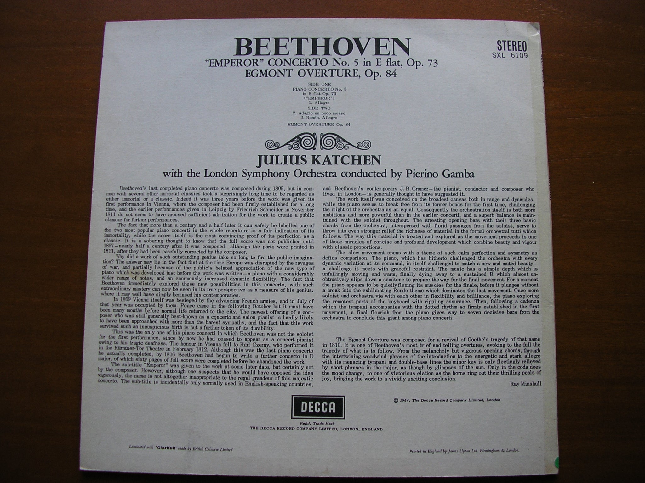 SXL 6109 BEETHOVEN: PIANO CONCERTO No. 5 'Emperor' KATCHEN / LONDON SYMPHONY / GAMBA
