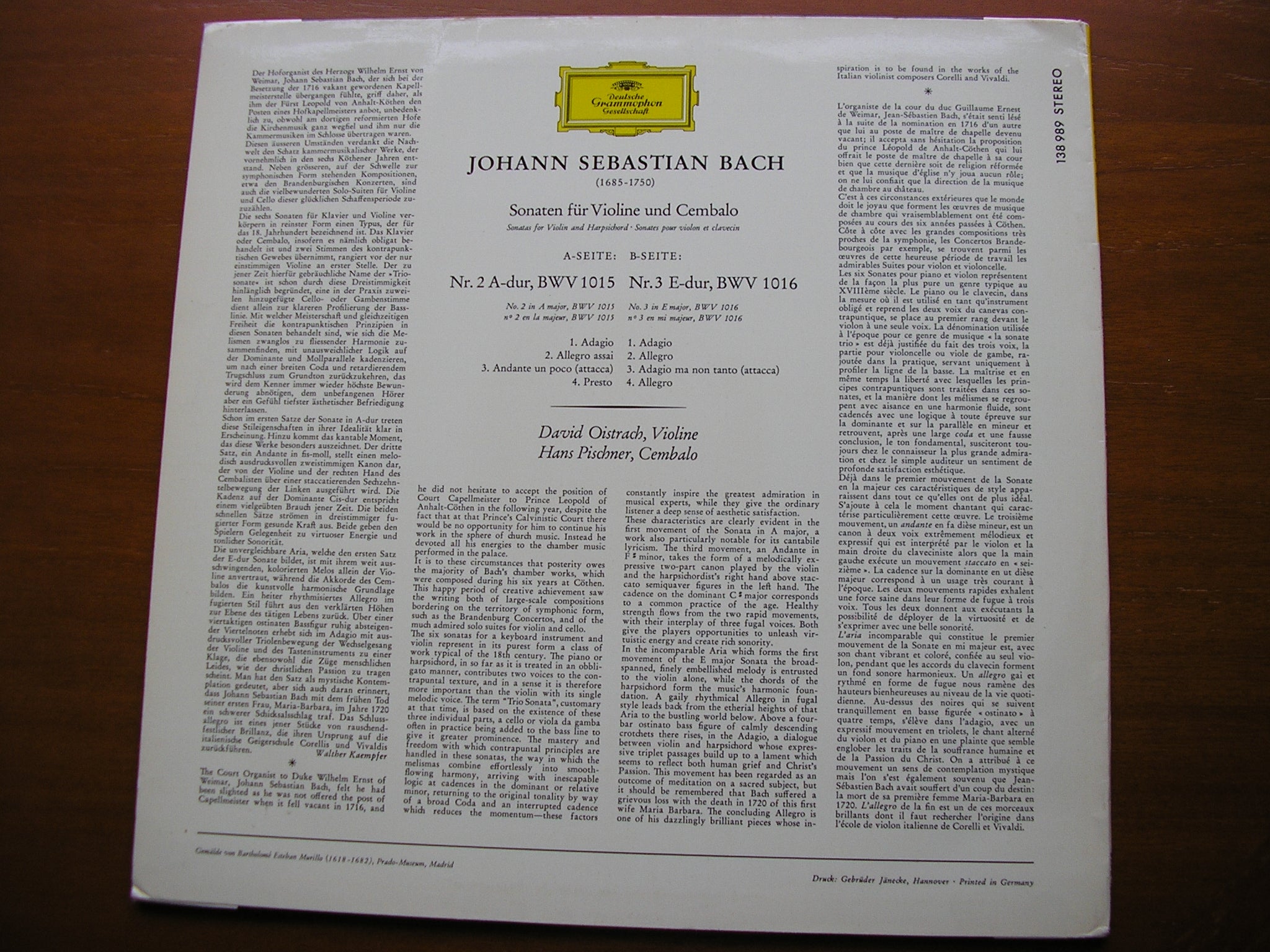 BACH: VIOLIN SONATAS BWV 1015 & 1016   DAVID OISTRAKH / HANS PISCHNER    138 989