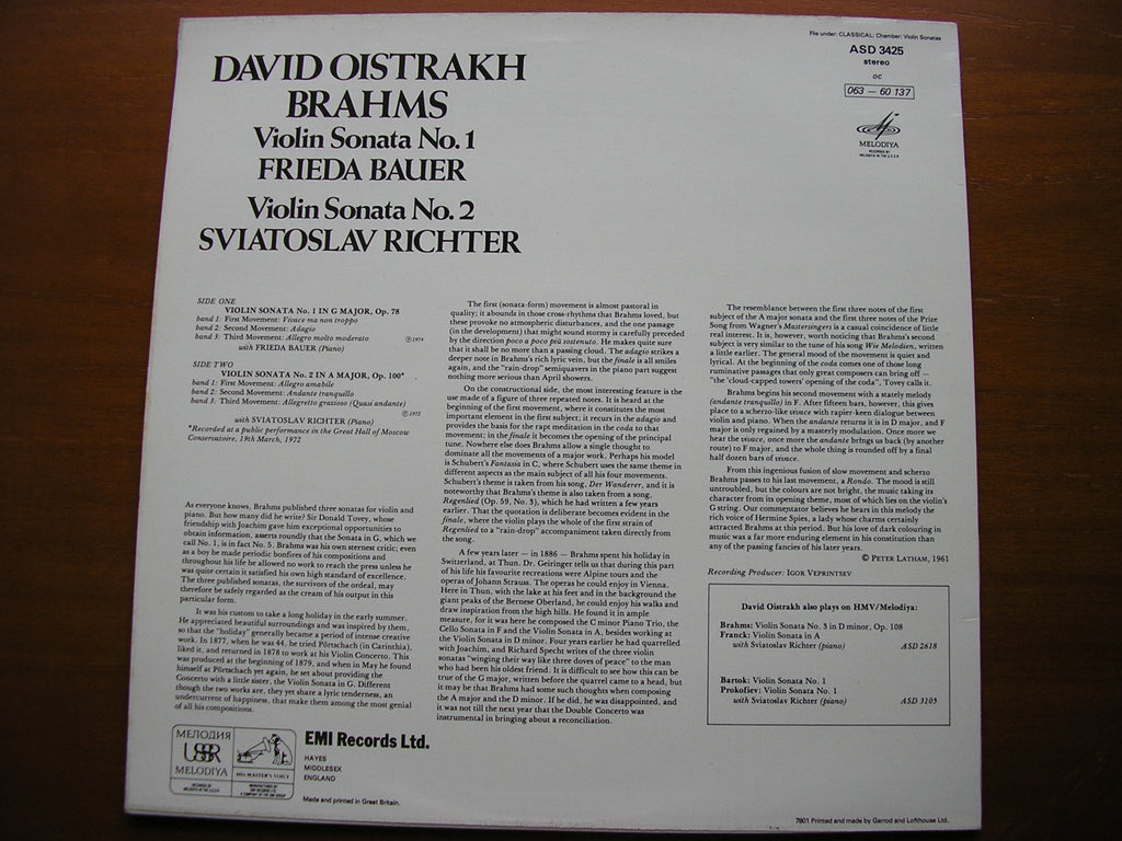 BRAHMS: VIOLIN SONATAS Nos. 1 & 2    DAVID OISTRAKH / FRIEDA BAUER    ASD 3425
